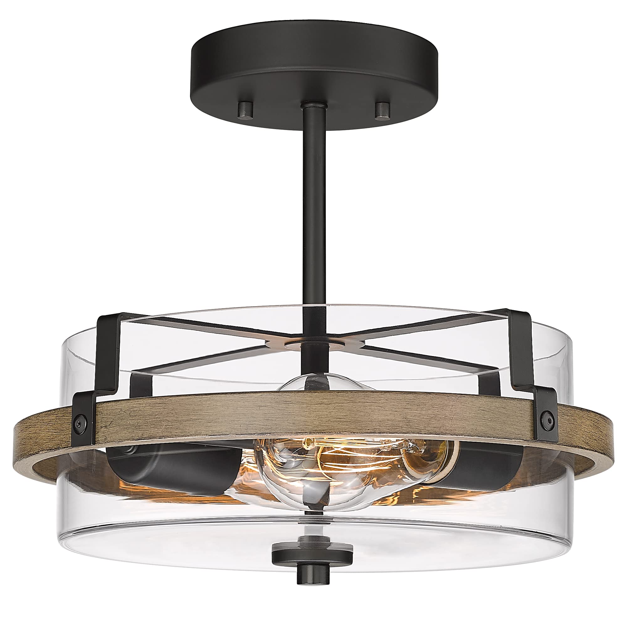 Eapudun Black Wooden Semi Flush Mount Ceiling Light, Retro 2-Light Fixture With Glass Shade