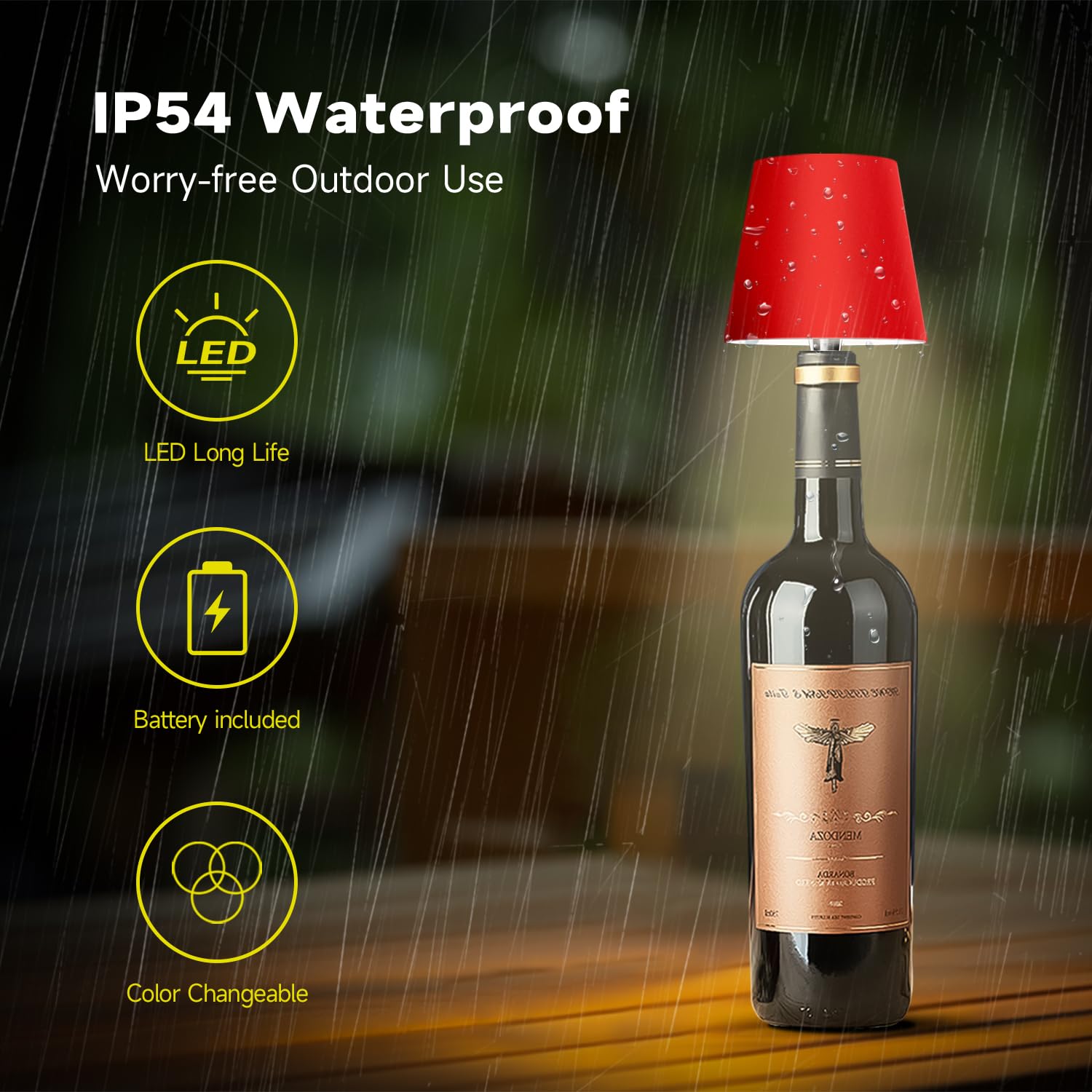 Hoide Wireless Bottle Lamp - LED Night Light Kit, Rechargeable, 5.7in, Wine Red, Plastic, Touch-Dimmable