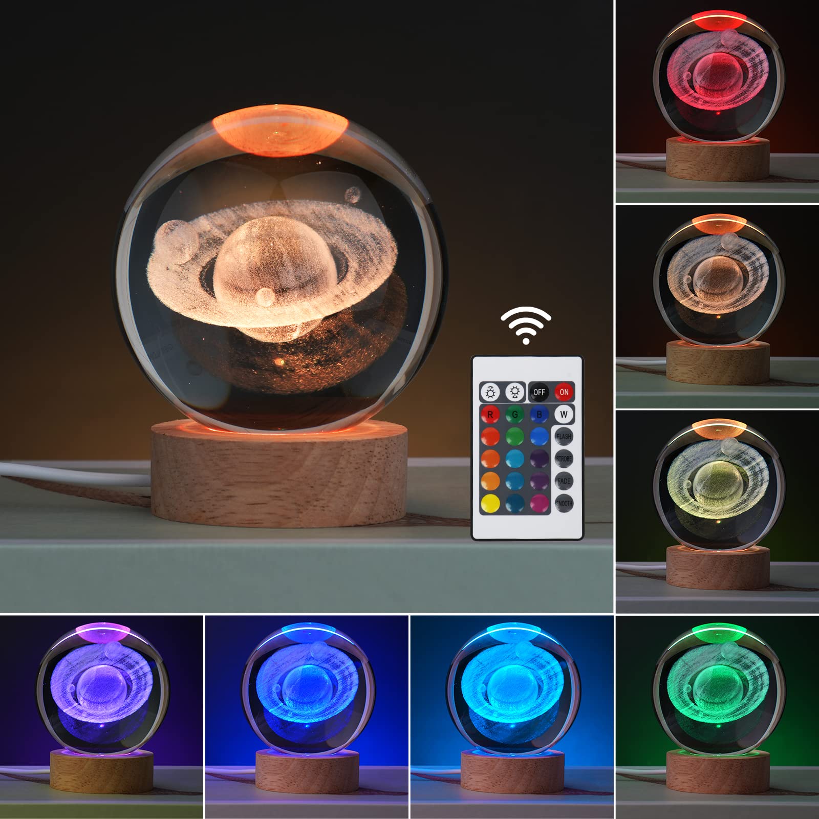 Janarary Large 3D Crystal Ball Saturn Lamp, Crystal Lamp 16 Color Changing Night Light With Remote Control For Bedroom Decor, Id