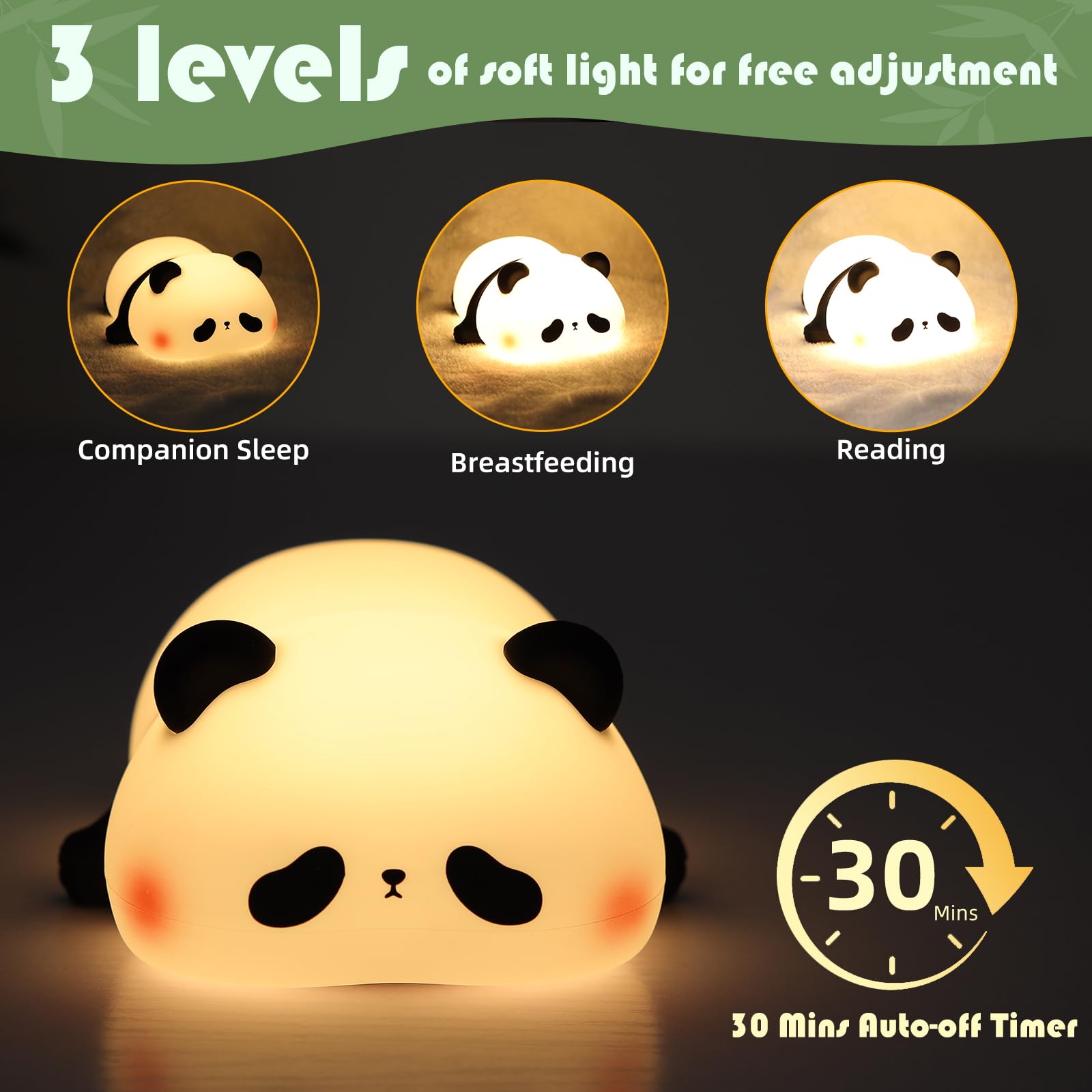 YISUN Cute Panda Night Light, LED Squishy Night Light, Food Grade Silicone, Rechargeable Nursery Nightlight with 3 Level Dimmabl