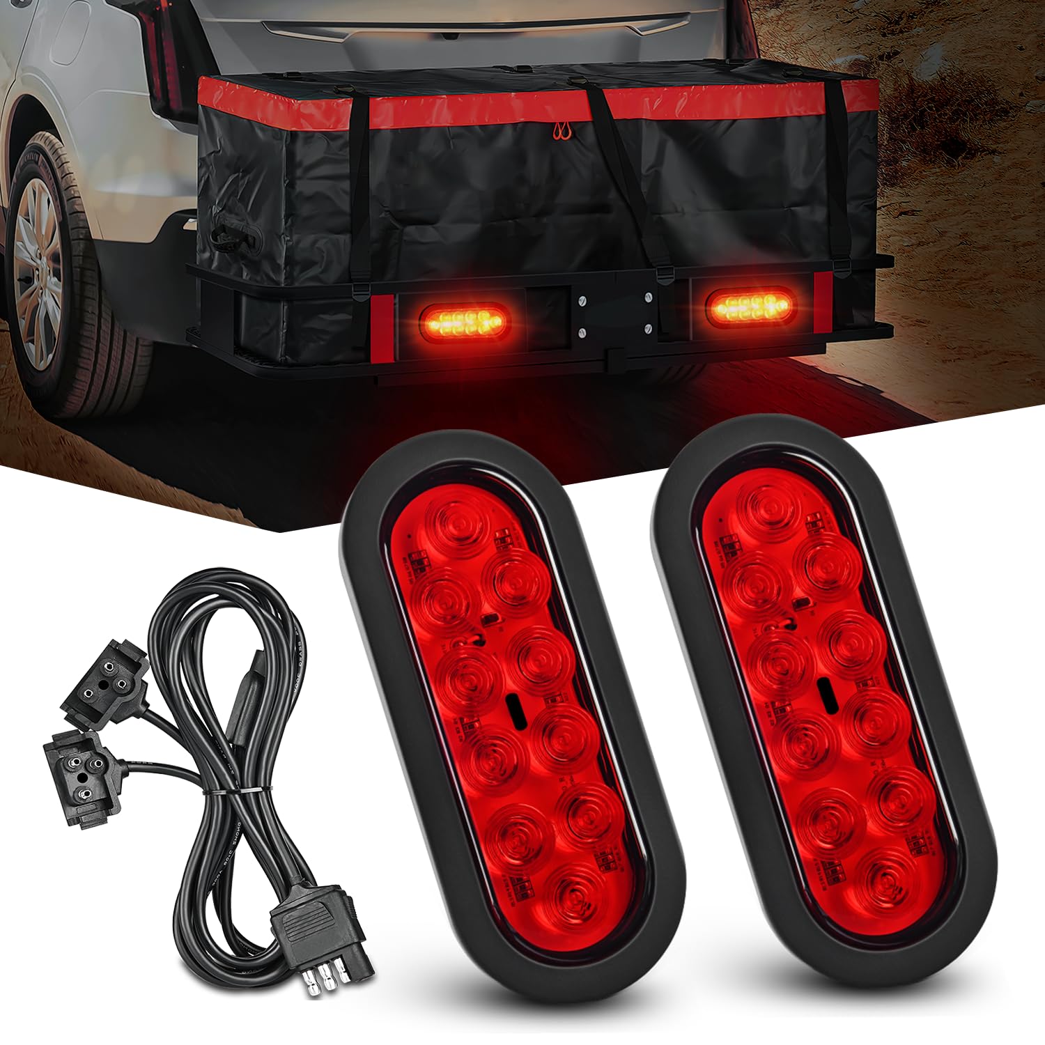 Nilight Hitch Cargo Carrier Light Kit 2Pcs 6Inch Red Oval Led With Flush Mount Grommets Wire Harness Waterproof Stop Turn Signal