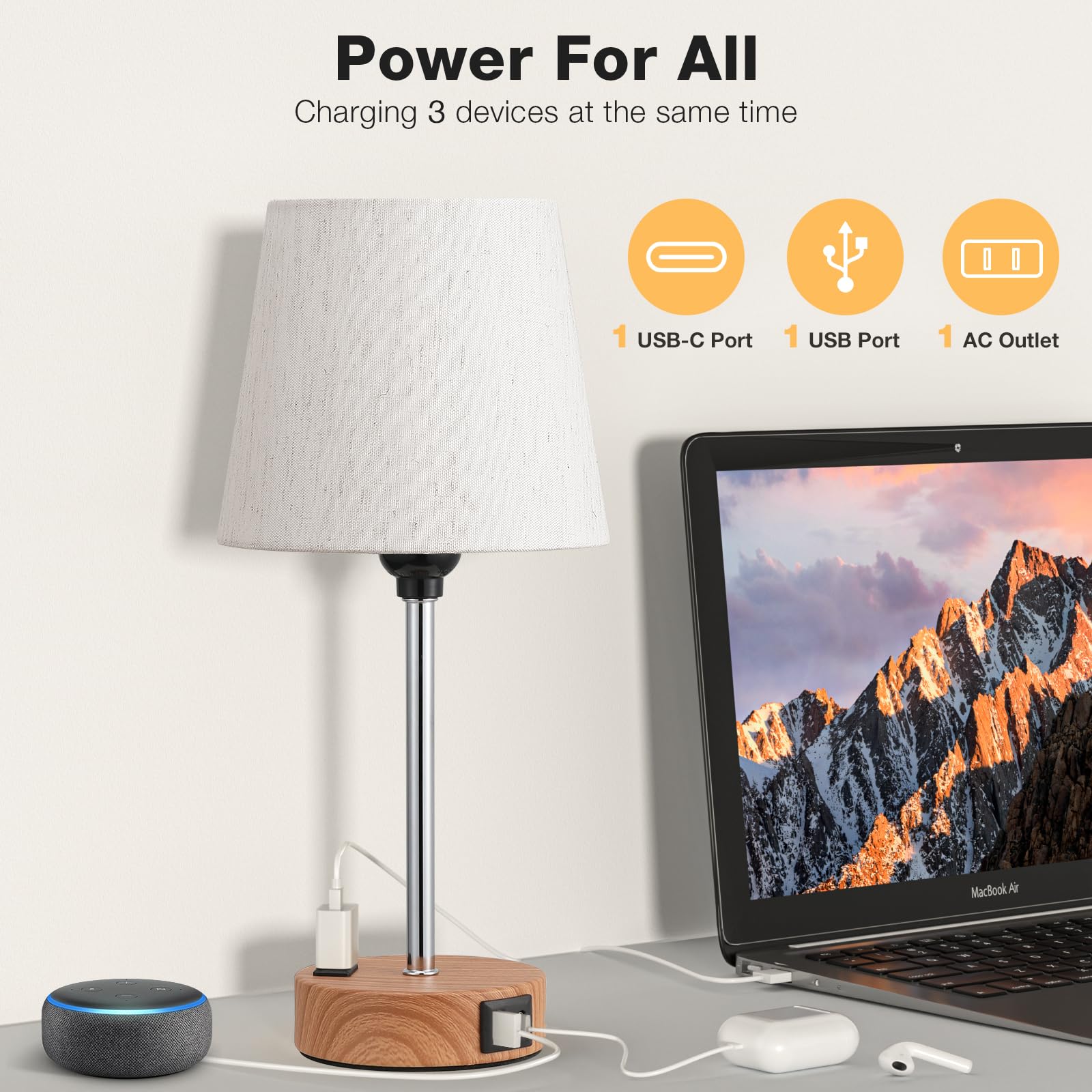 Acaxin Bedside Lamps For Bedrooms Set Of 2 - Nightstand Bedroom Lamp With Usb C Port And Ac Outlet Charging, 3 Way Dimmable Touc