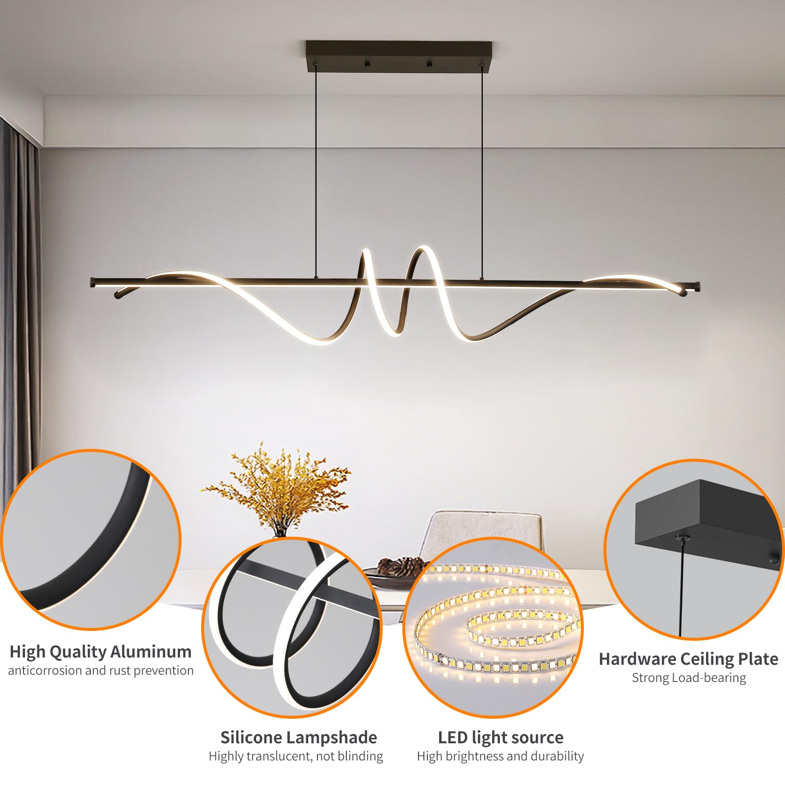 Mikeru Modern LED Chandelier Light, Dimmable with Remote Control, 59in Aluminum Pendant Fixture, A-Black, Model LX-120