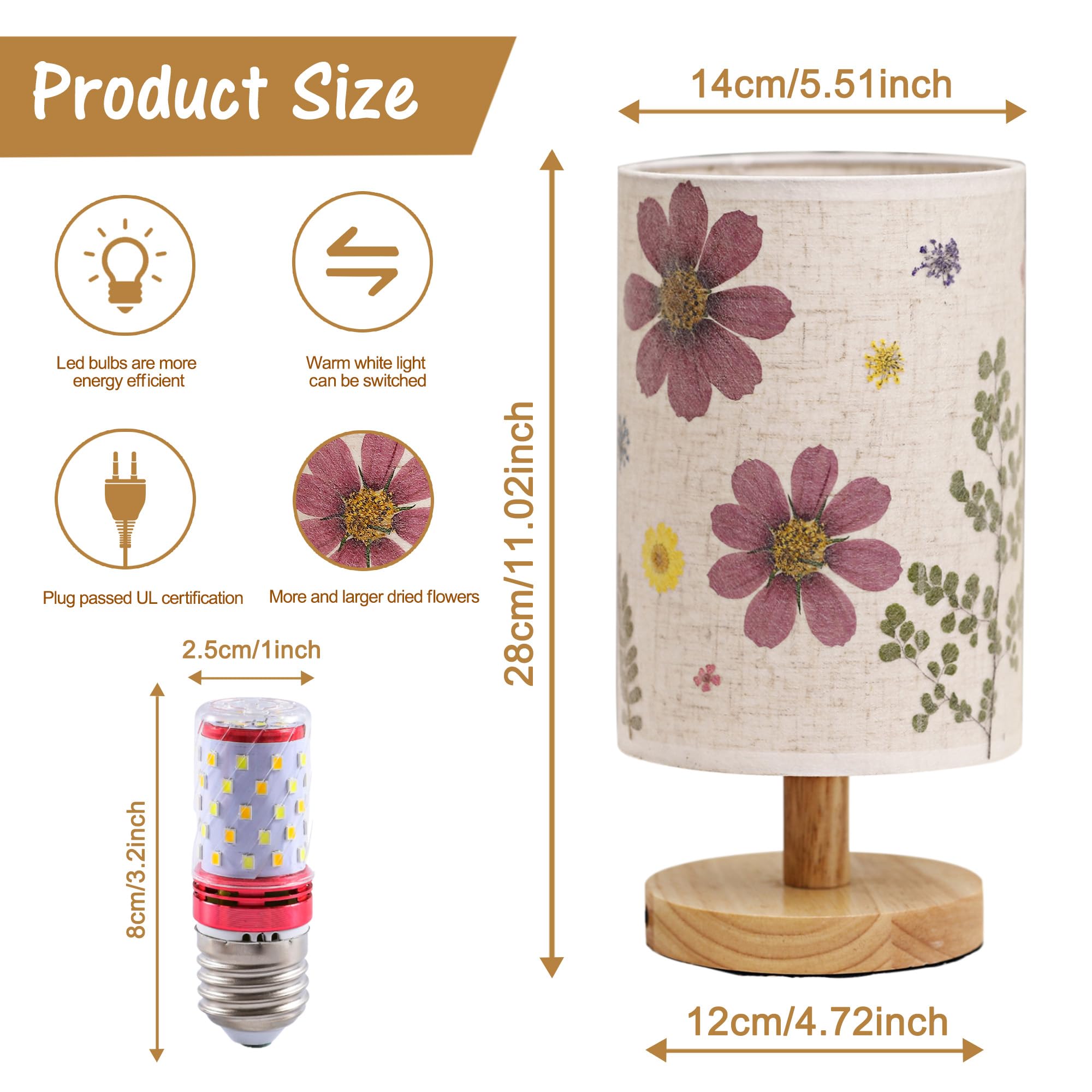 Wsyear Dried Flower Led Aesthetic Table Lamp, Mother'S Day Multi-Way Dimmable Natural Pressed Flower Desk Lamp With Wooden Stand