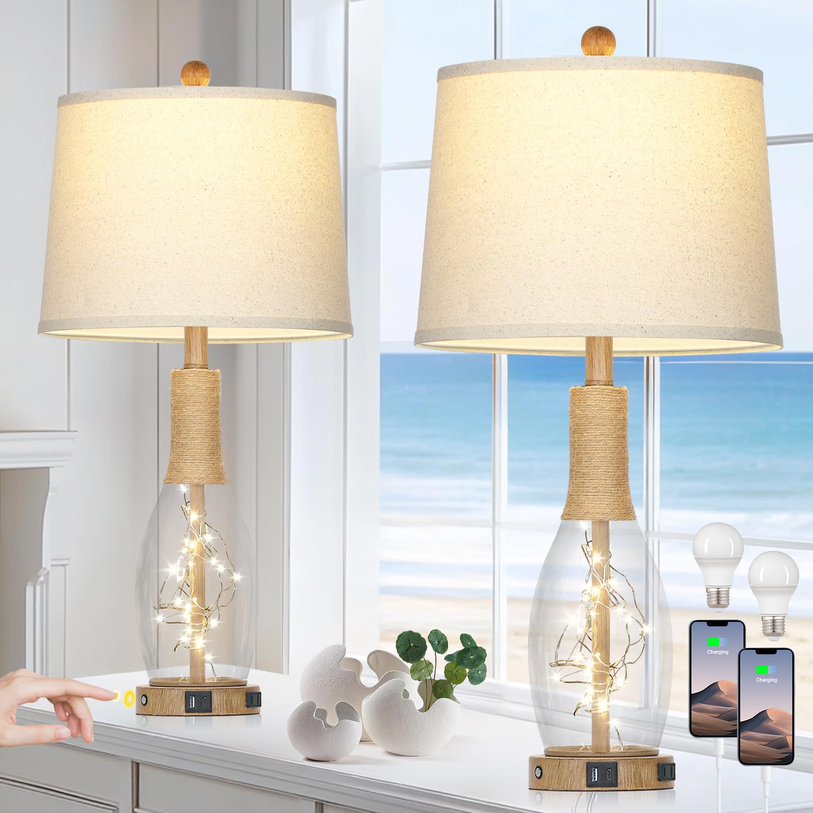 28'' Coastal Table Lamps For Bedroom Set Of 2, Farmhouse Glass Lamps With 3-Way Dimmable Touch Control Fairy Lights & Type-C Cha