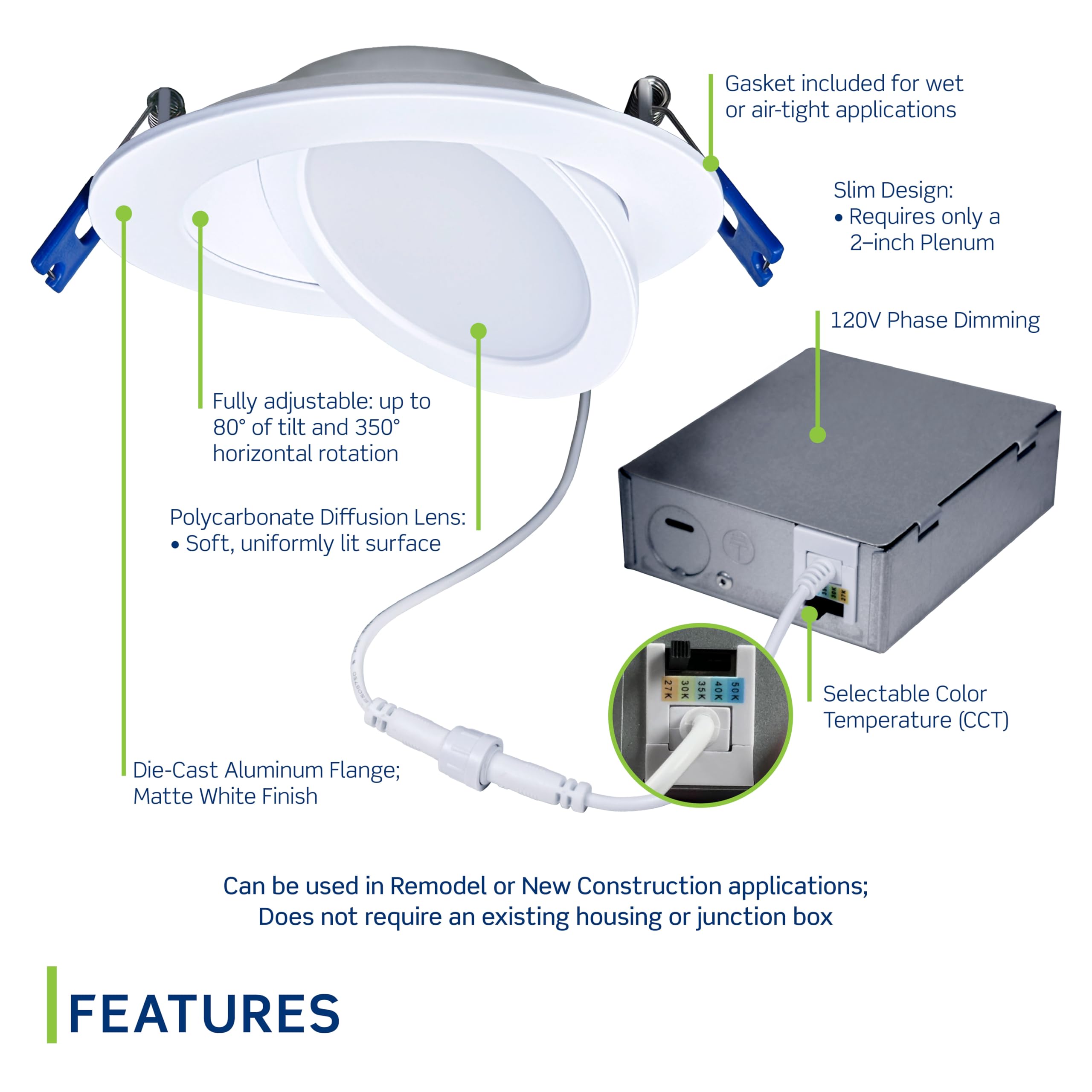 Leviton Adjustable Slim Downlight With Selectable Cct, 4'' Round, White, Dar40-S1W