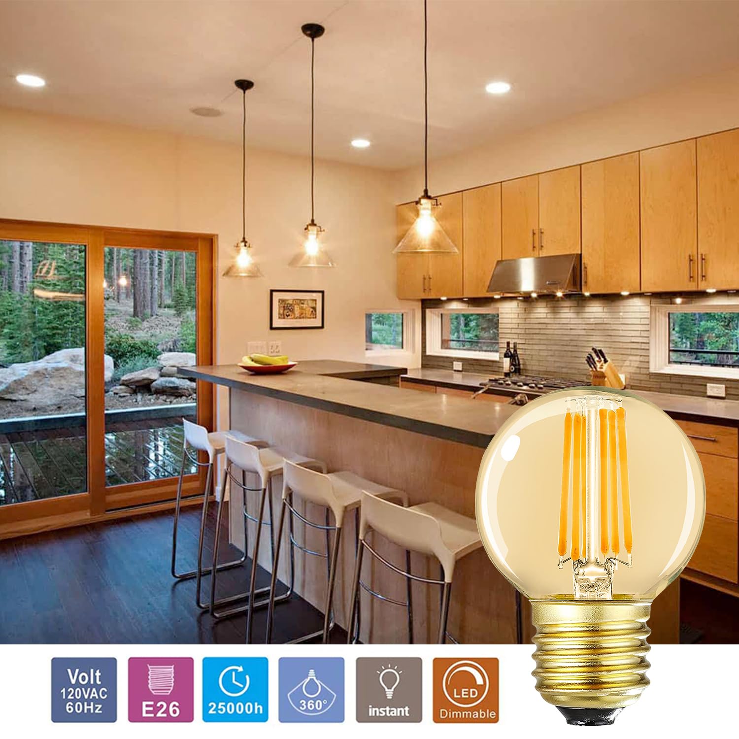 Leools Dimmable G16.5 Led Bulbs,E26 Edison Led Light Bulbs,6W Equal 60 Watt Light Bulb,600Lm,Amber Warm White 2700K,Globe Light
