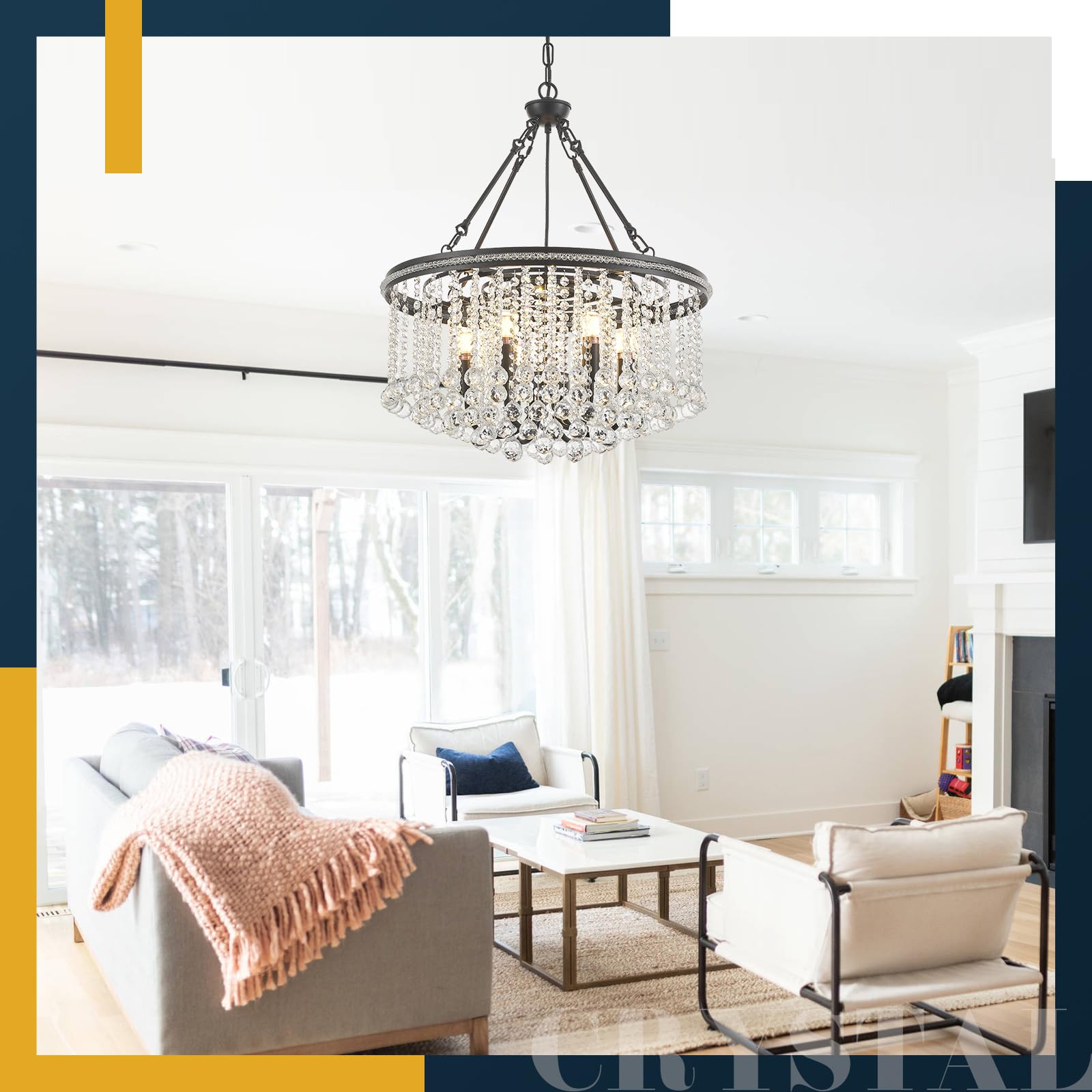 6-Light Black Crystal Chandelier Modern 21.6 Contemporary Round Pendant Chandeliers Crystal Ball stylish Ceiling Hanging Lighting For Living Dining Room Kitchen Island Bedroom Entryway Foyer