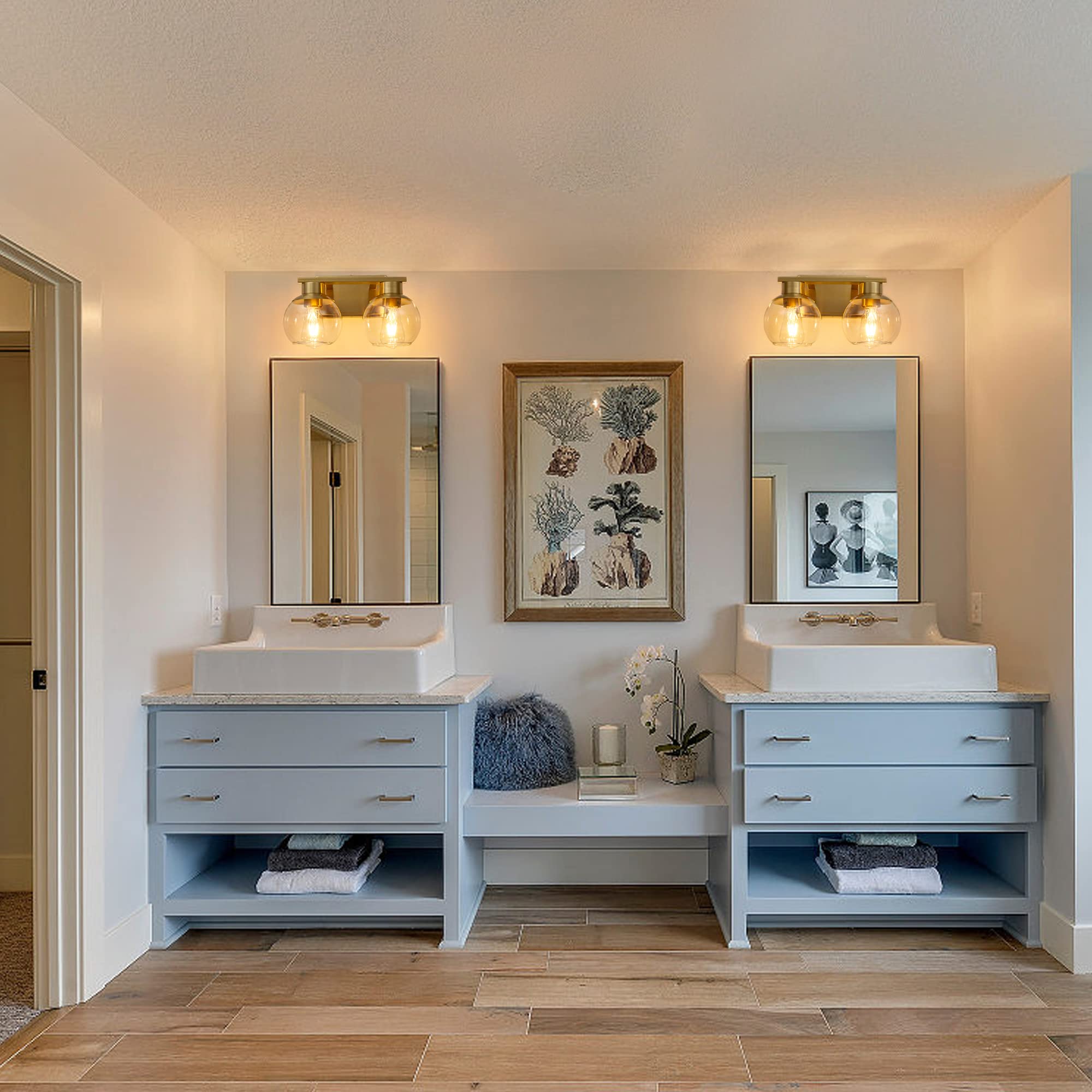 Pazala 2 Light Vanity Lights, Brushed Brass Bathroom Wall Sconce Light With Globe Glass Shade, Bathroom Light Fixture Over Mirro