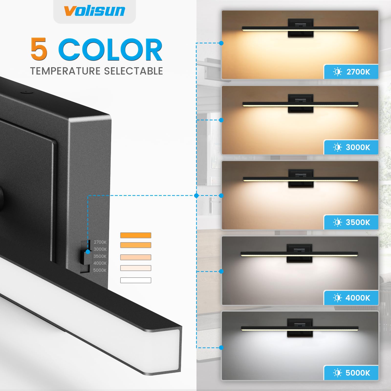 Volisun Modern Bathroom Vanity Light 15.7 Inch, Rotatable, 12W Dimmable 5Cct Led Bathroom Light Fixture Over Mirror, Black Bar V