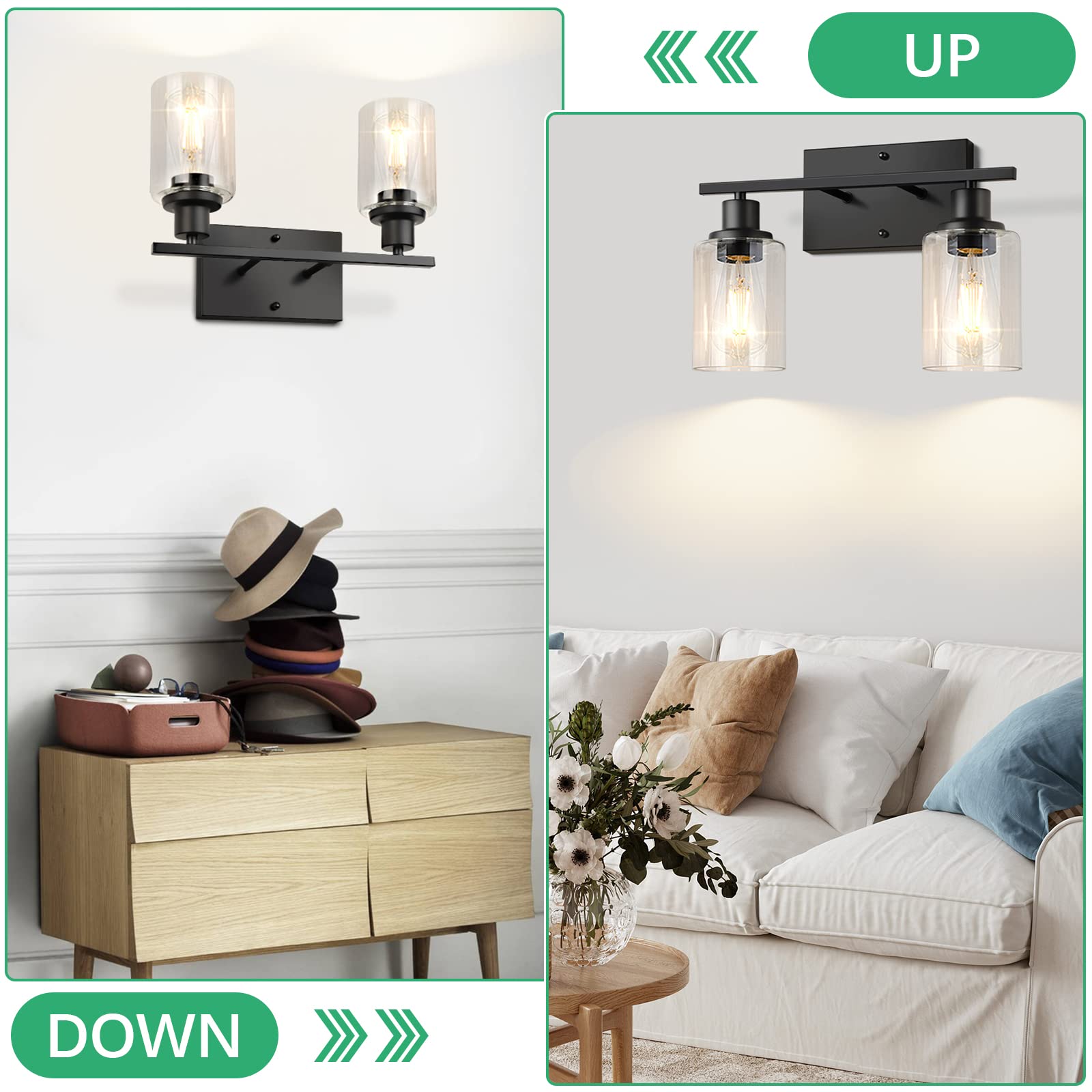 Shinetech 2-Light Bathroom Vanity Light Fixtures, Modern Wall Lighting With Clear Glass Shade, Matte Black Finished Wall Sconce