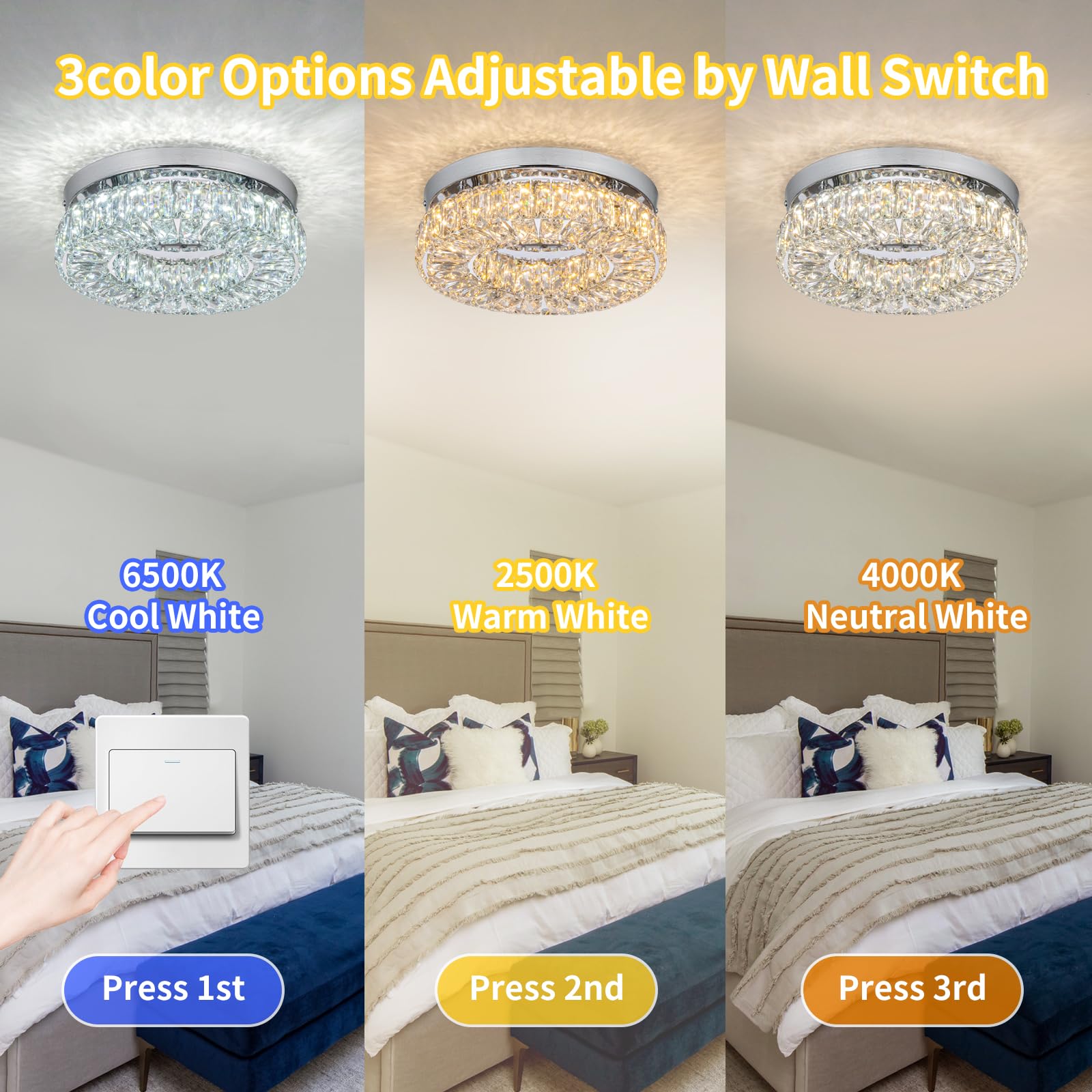 Homlaiting 11.8” Modern Crystal Led Chandelier, Changeable Colors, Flush Mount Ceiling Light