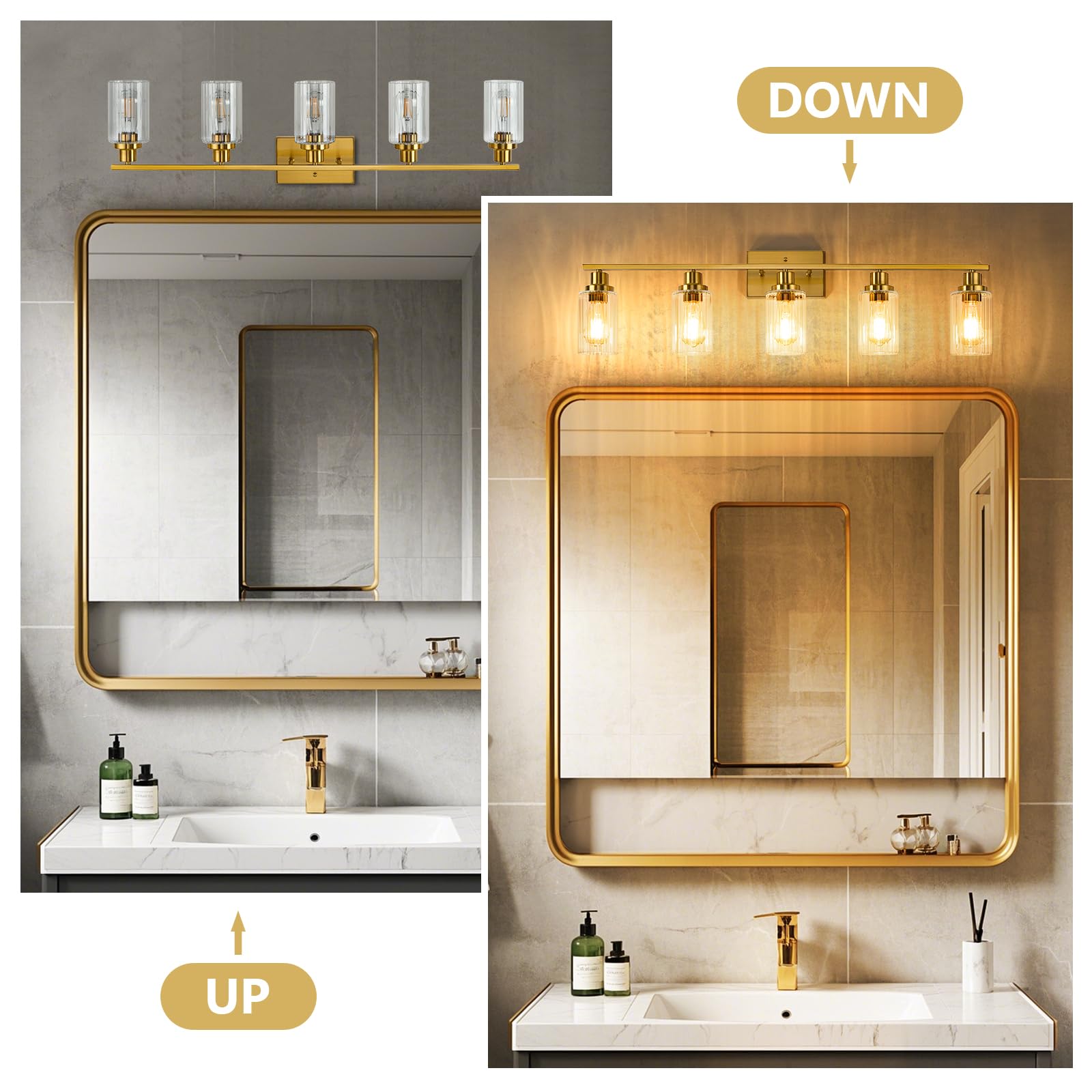 Jonsi 5-Light Brushed Gold Bathroom Vanity Light Fixture with Glass Shade, 40.2 Inch, E26 Wall Sconces for Bathroom and Hallway