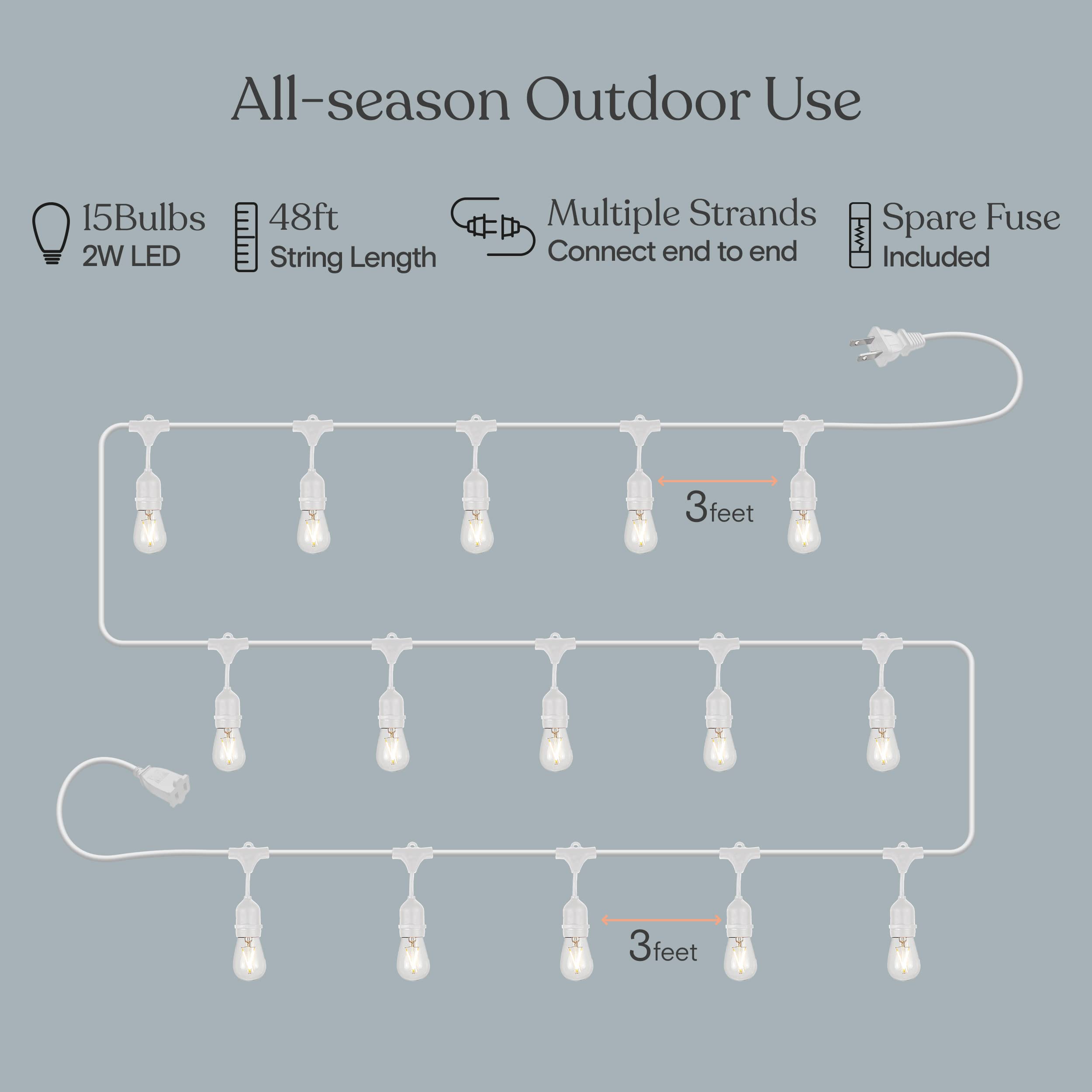 Brightech Ambience Pro LED Outdoor String Lights, Dimmable Vintage Edison Bulbs, 48 Ft, 15 Bulbs, White Cable, Model AMB-2W-WHT
