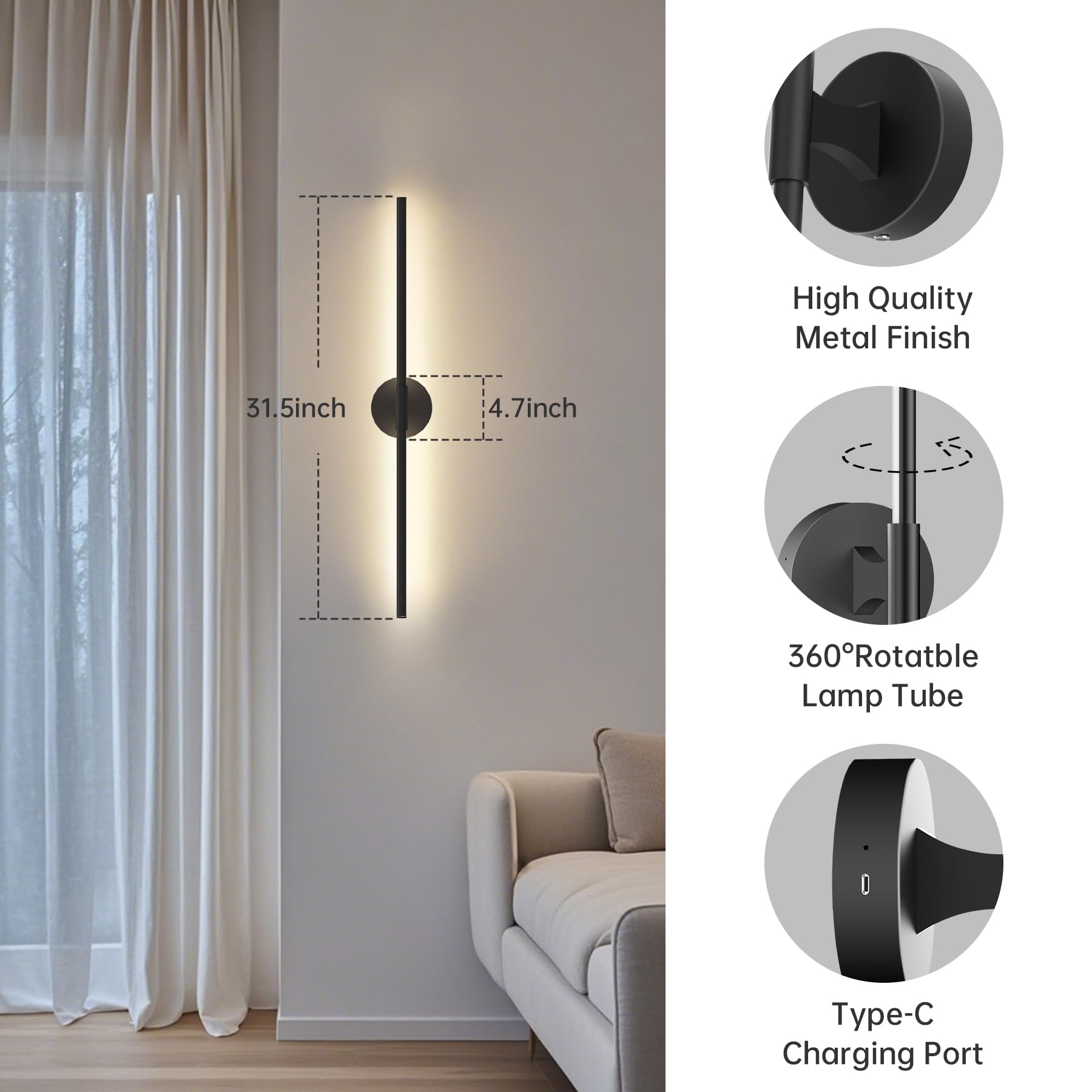 Topported Battery Operated Wall Sconces,31.5 Inch Dimmable Battery Wall Sconce With Remote Control,3 Color Temperatures,Recharge