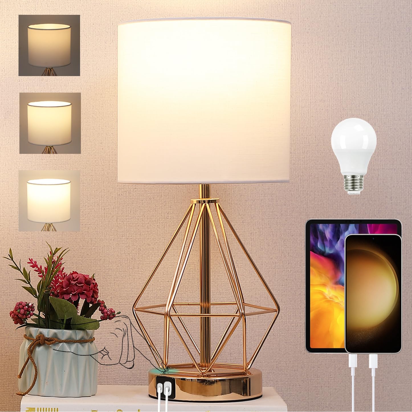QHANTOMIZE Table Lamp with USB Port, 3 Way Dimmable Touch Lamps for Nightstand, Modern Small Bedside Lamp with Fabric Shade, Gol