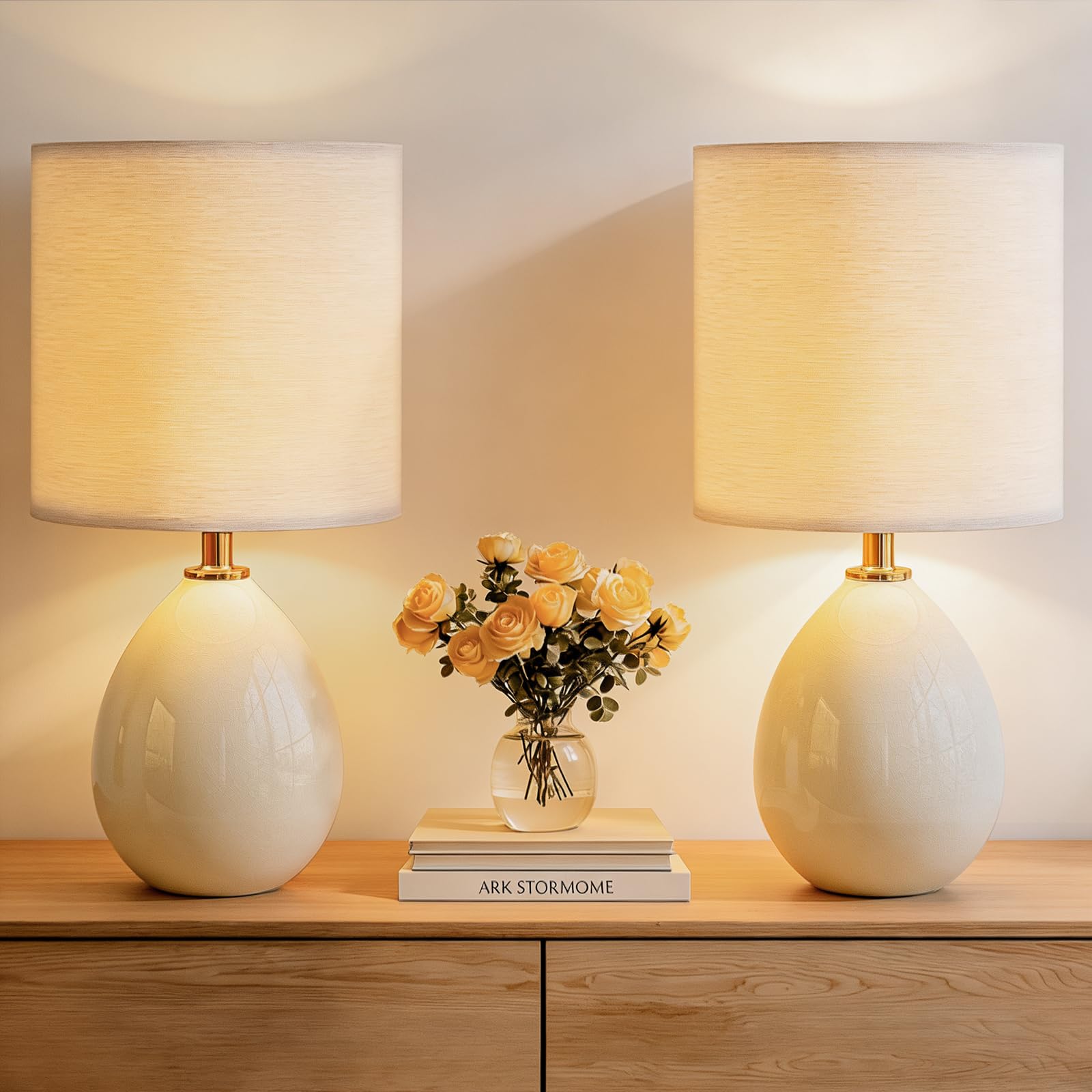 Dawnwake 18.5 Table Lamps Set of 2 for Living Room Bedroom  Bedside Lamps for Night Stands  Desk Nightstand Lamp Dimmable  Modern Linen Cream Ceramic Lamps