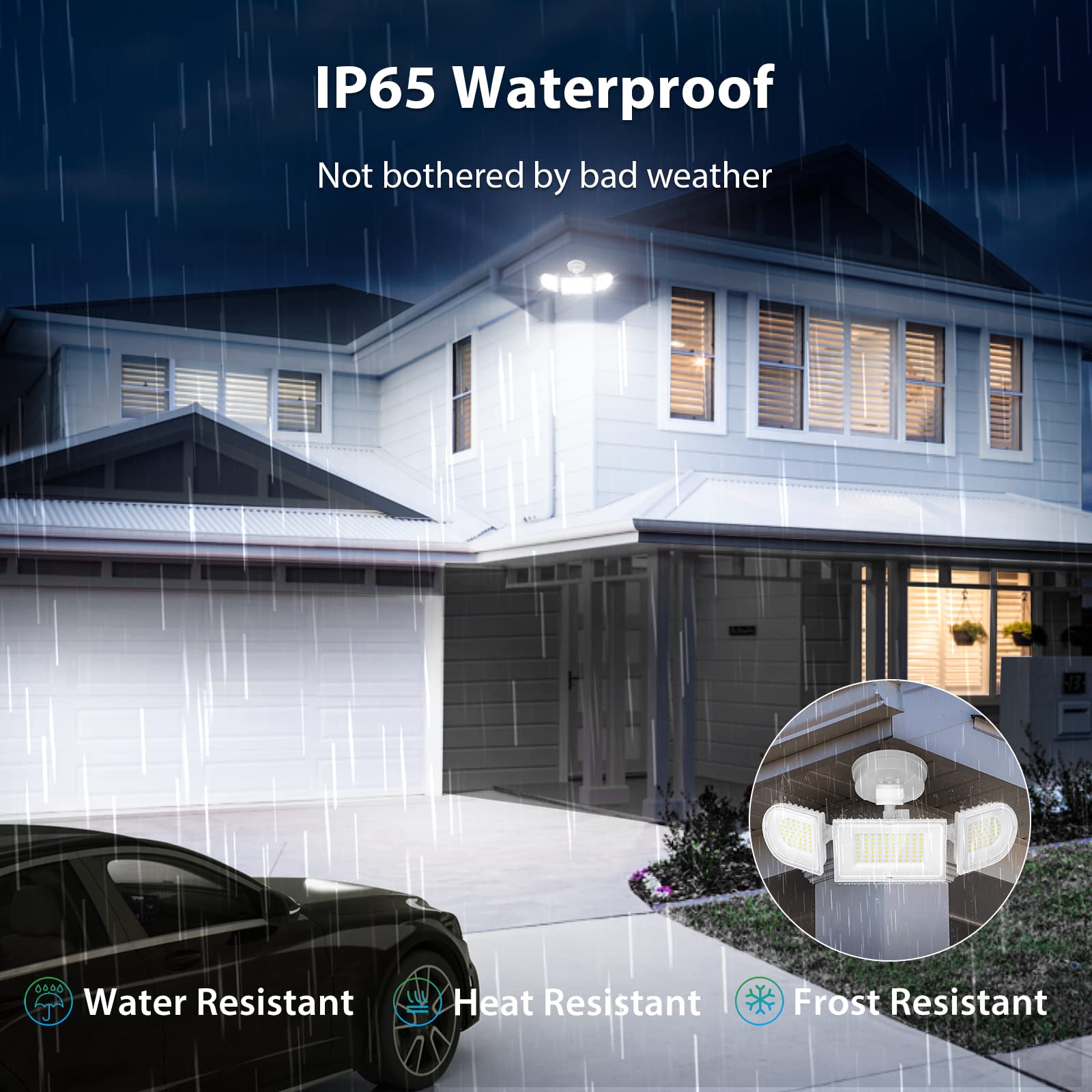 iMaihom 100W Motion Sensor Outdoor Light, 9000LM, IP65 Waterproof, 3 Adjustable Heads, White, Model BDD100G-3