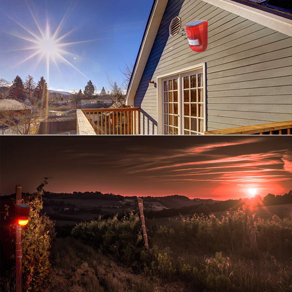 Aolyty Solar Motion Sensor Detector Siren Sound Alarm Led Warning Strobe Flashing Red Light Security Outdoor Waterproof Device Keep Animal Away For Home Warehouse Farm (Red Lampshade)