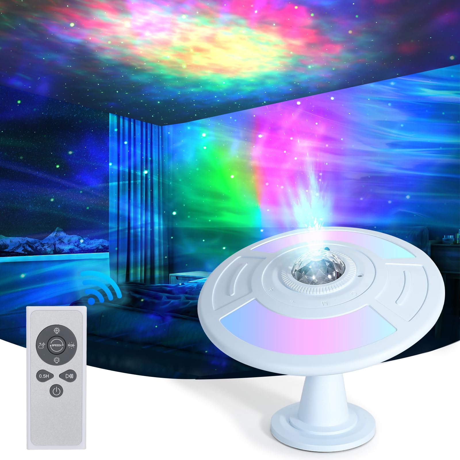 HASULL UFO Galaxy Projector Lamp - RGB Nebula, Remote Control, Auto Focus, USB Charging, Blue, Model SAL-RC