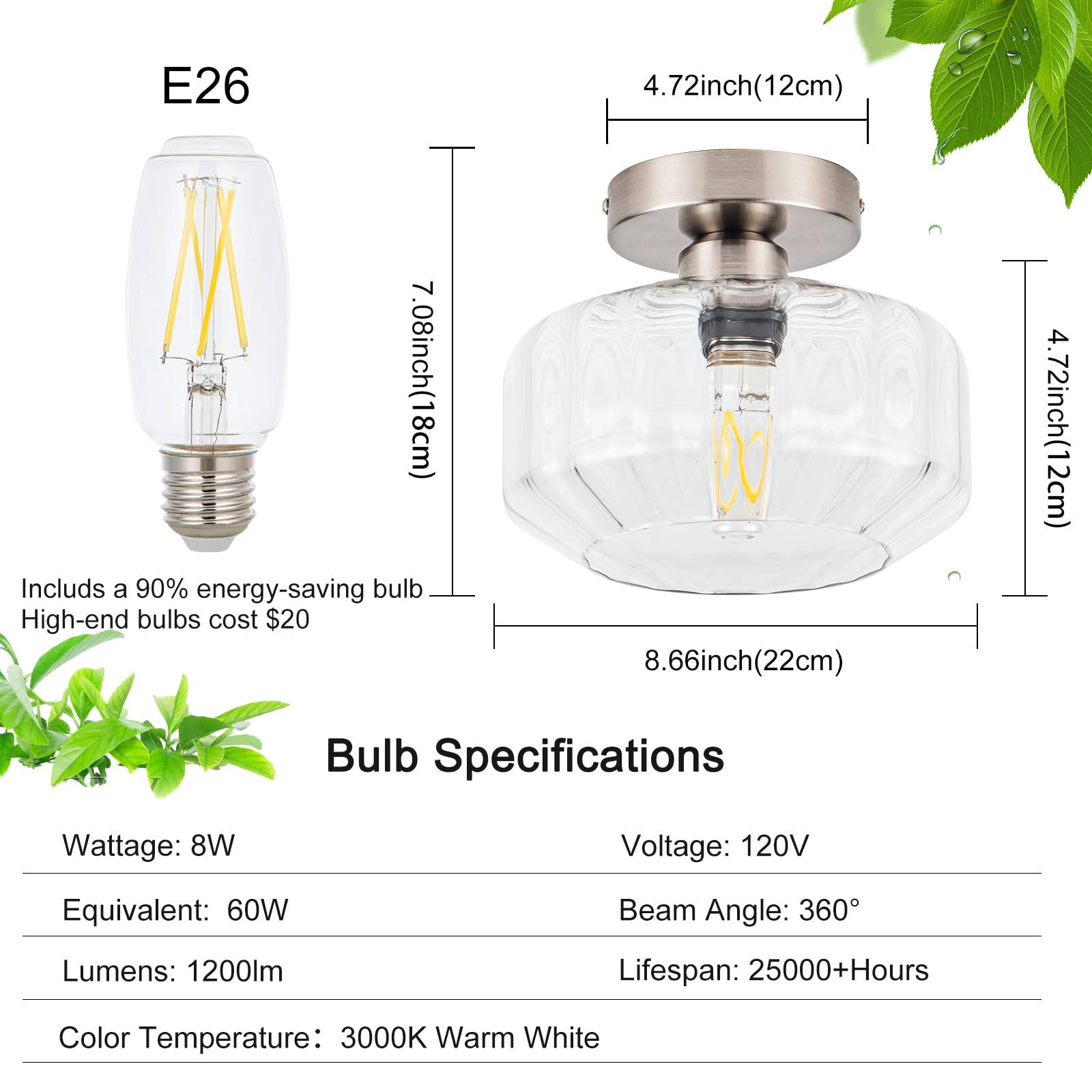 Semi Flush Mount Ceiling Light Fixture With Textured Glass Brushed Nickel Metal Base Includes 1200 Lumens Led Bulbs Silver Hallw