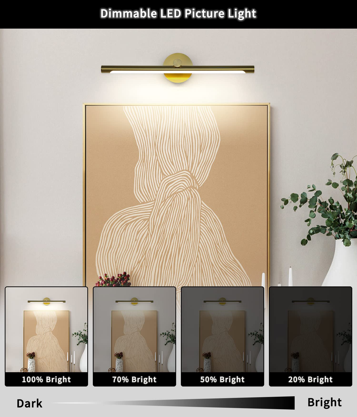 JUSHENG LED Picture Light for discomfort-reducingtings, 24.21in Dimmable, 12W, 3000K Warm White, Hard-Wired Brass, Model 9050