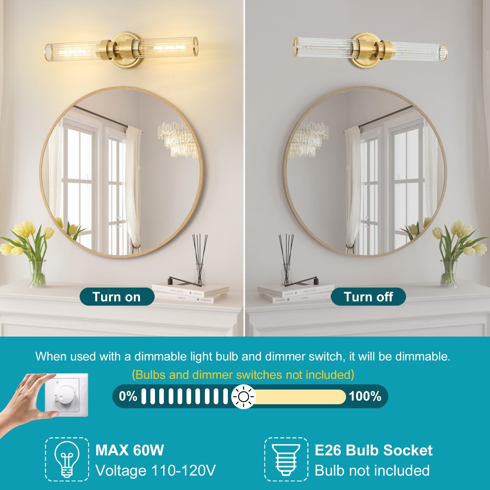 Vaziden Gold Wall Sconce Vanity Lights 2 Pack, Modern Threaded Glass, Up and Down Lighting for Bathroom and Living Room