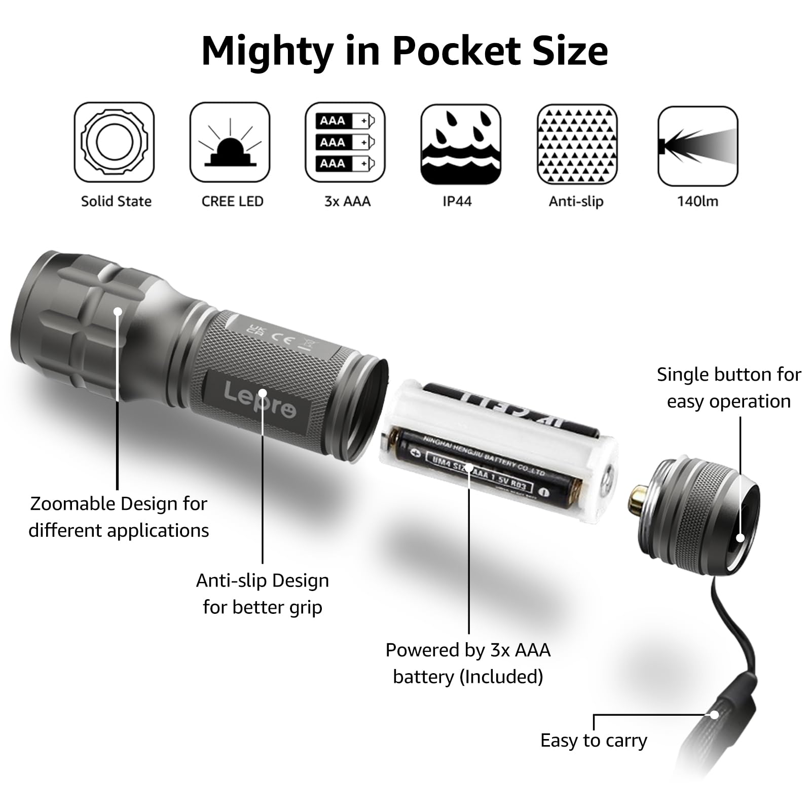 Lighting EVER LED Flashlights, Small Waterproof Aluminum, Adjustable Focus, High Lumens, Gray, Model 1200012, 2 Pack, AAA Batteries Included