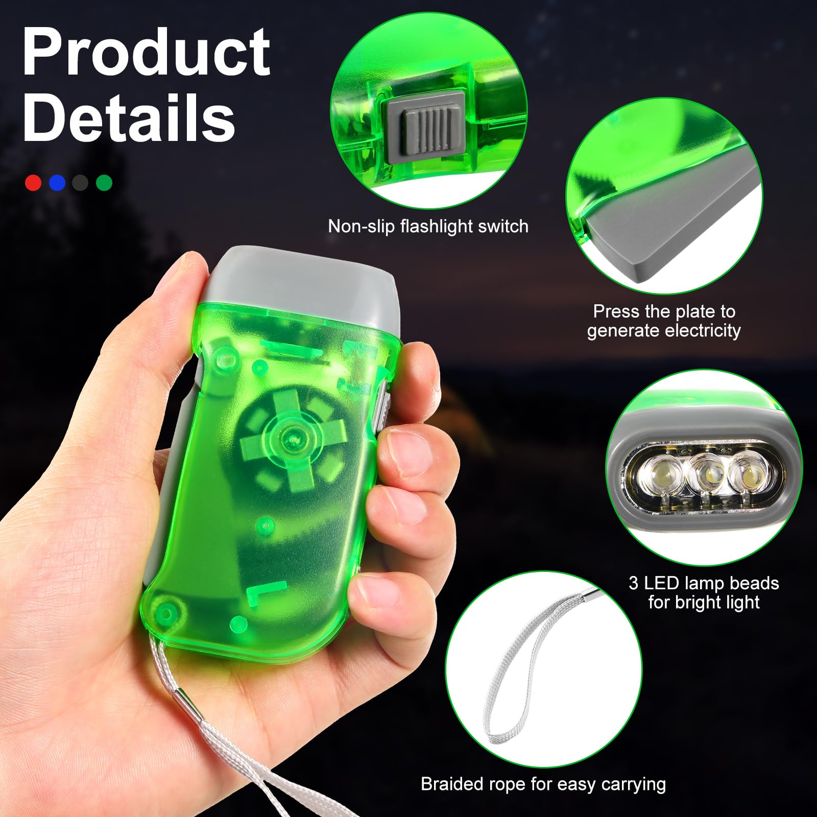 Treela 36 Pcs Hand Crank Flashlight Bulk Squeeze Wind Up Flashlight No Battery With Led Self Powered Charging Torch Dynamo For Camping Emergency Survival Christmas(Green, Gray, Blue, Red)