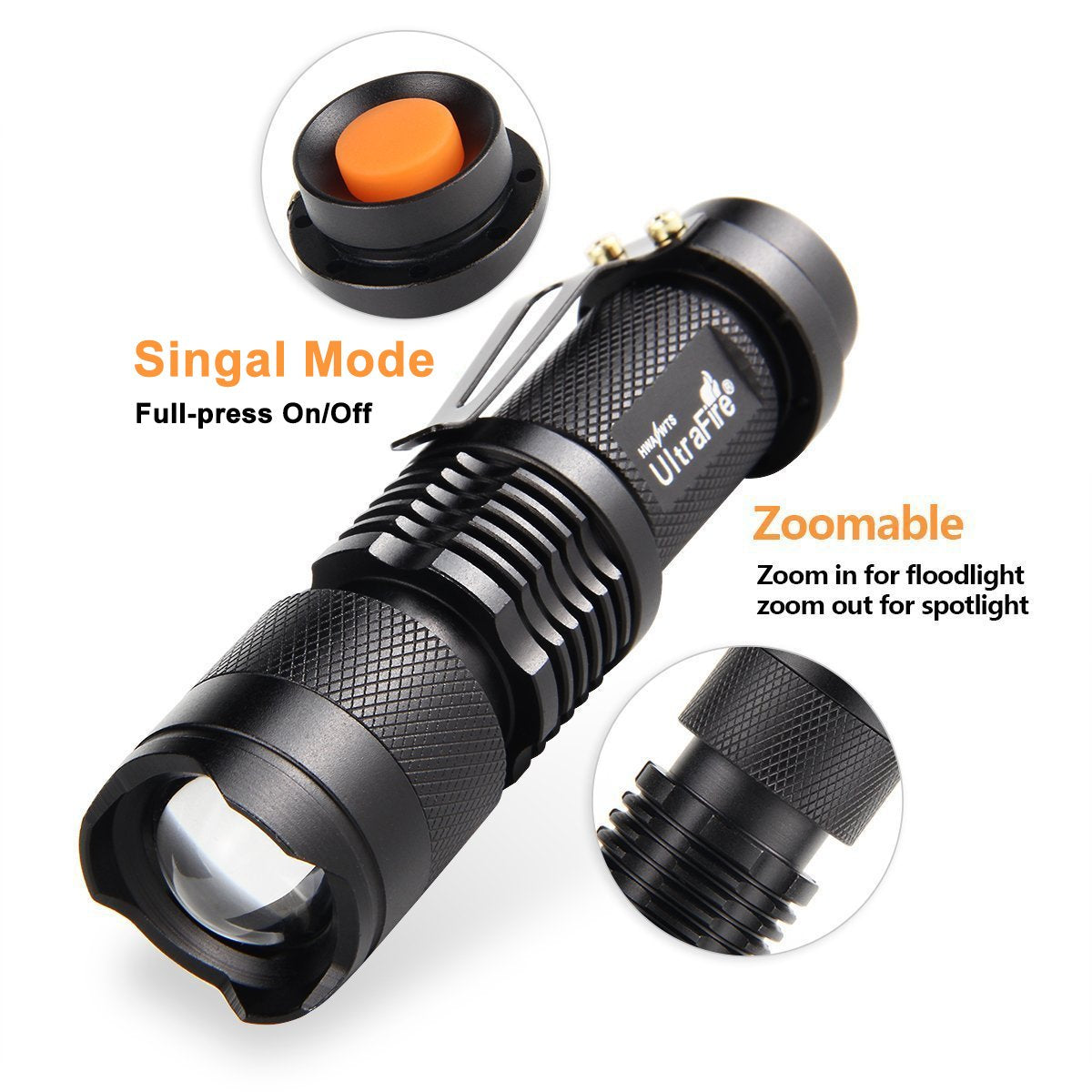 ULTRAFIRE Mini Flashlights 3 Pack, 300 Lumens, Adjustable Focus, Tactical LED, Black, Aluminum, Model 4347499920