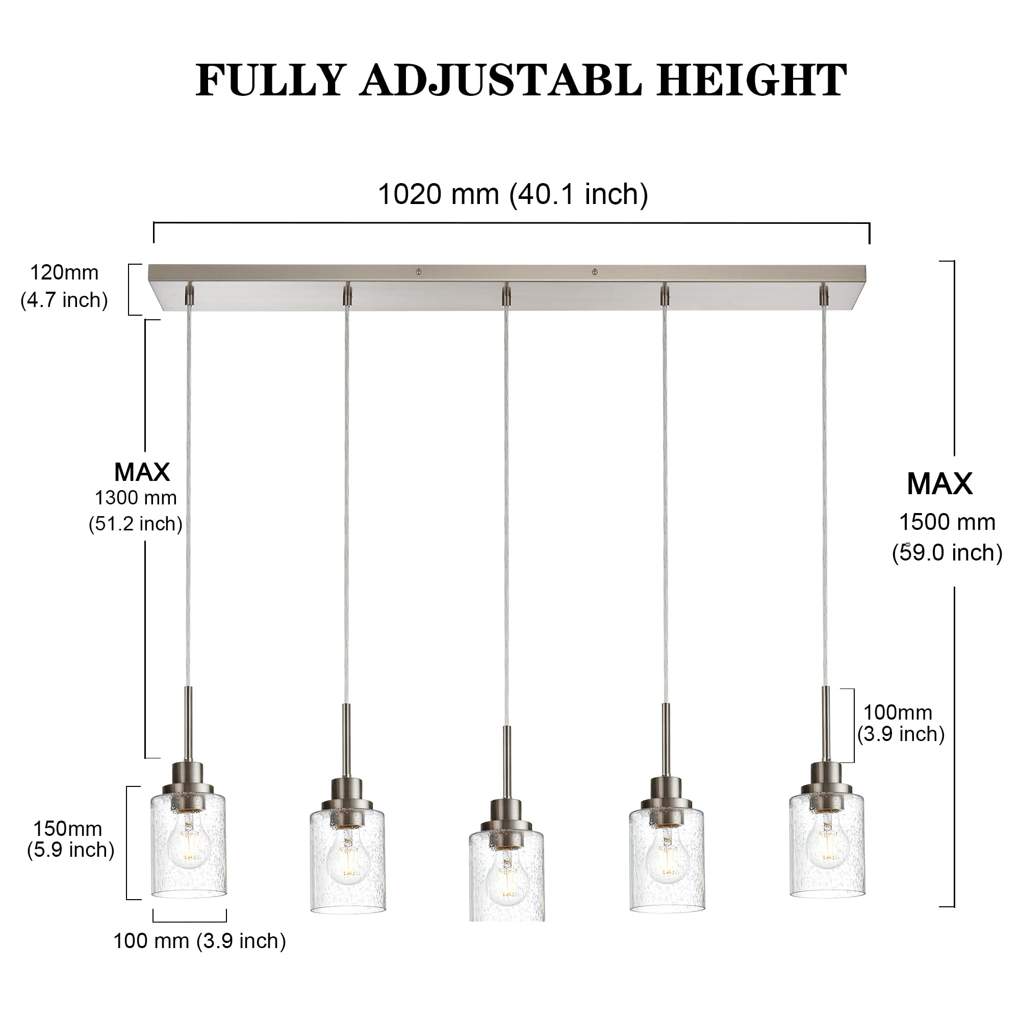 Pendrion Lighting Contemporary Brushed Nickel Linear Chandelier Pendant Light 5 Lights Clear Seeded Glass Farmhouse Pendant Ligh