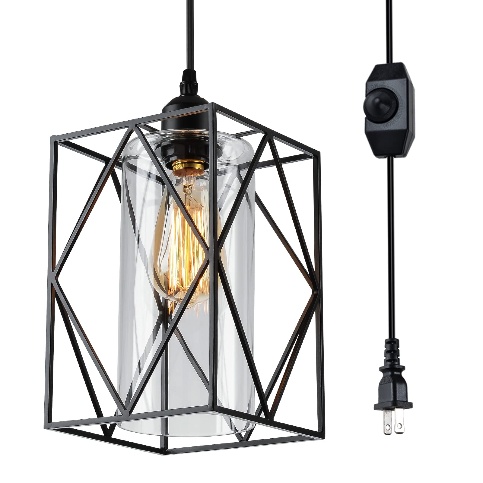 HMVPL Vintage Pendant Lighting Fixture with Plug in Hanging Cord and Dimmer Switch, Farmhouse Cage Hanging Chandelier Industrial