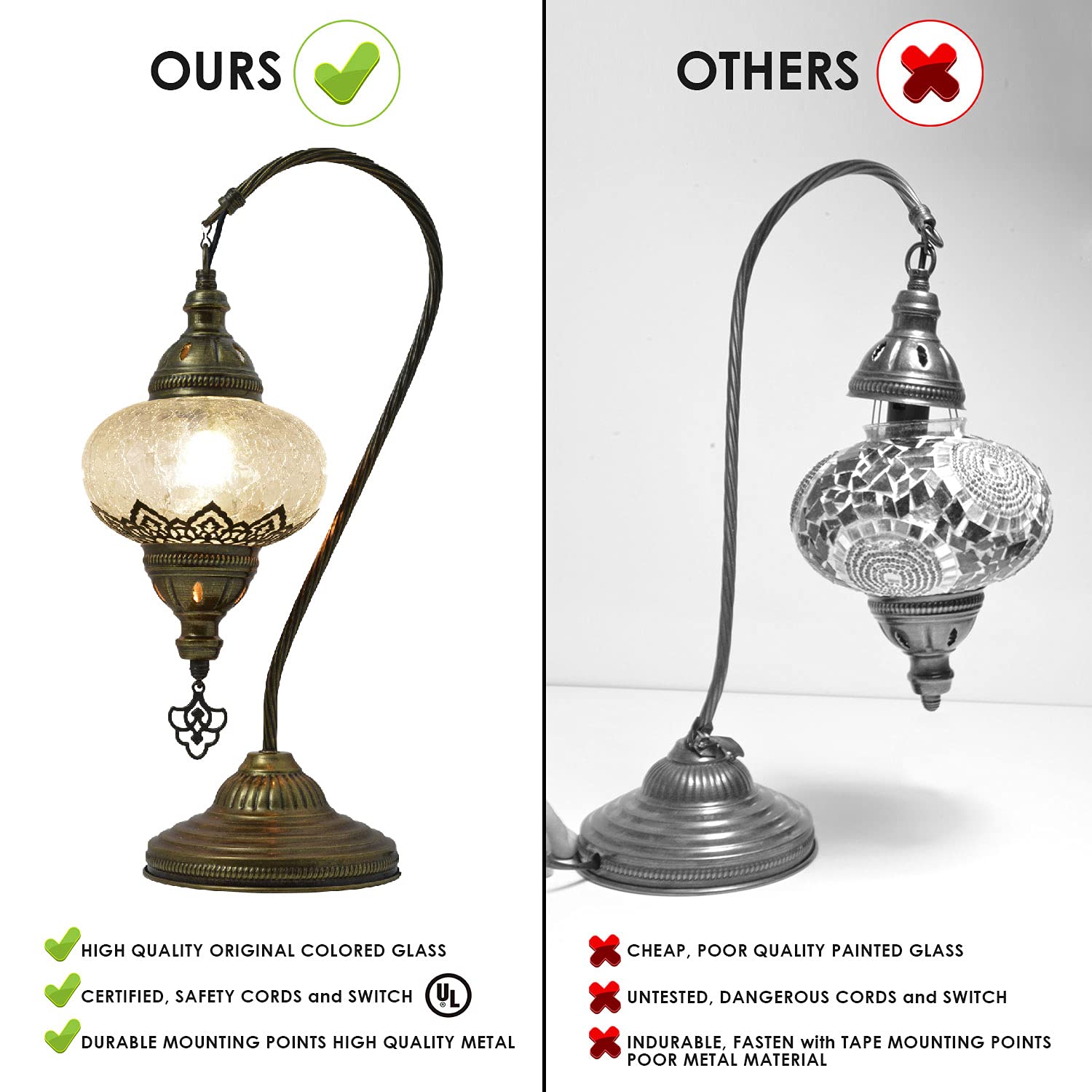 Mozaist Turkish Table Lamp, Swan Neck Mosaic Design, Tiffany Style, E12 Socket, US Plug, Color A35