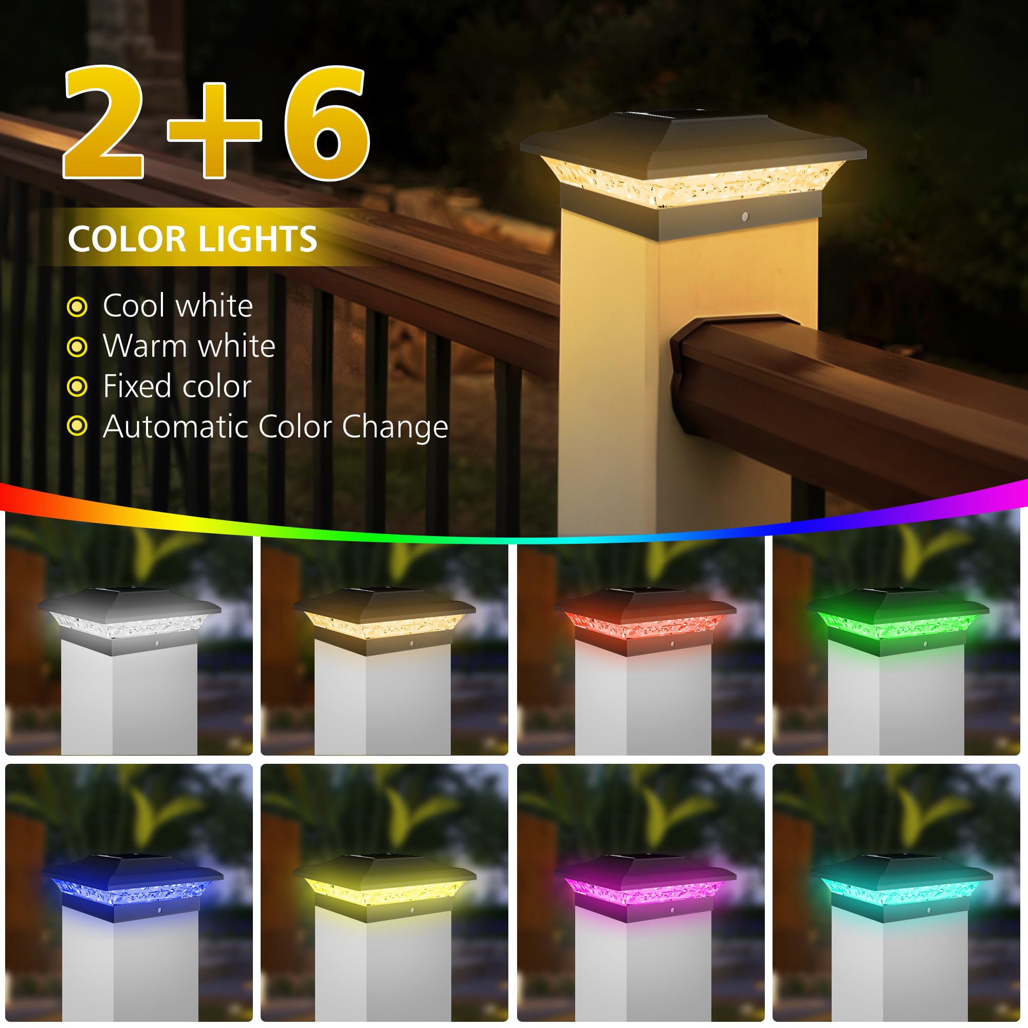 T-SUN Solar Post Cap Lights with Auto-Change Colors- for Vinyl & Wooden Posts IP65 Weatherproof Outdoor Solar Fence Post Lights
