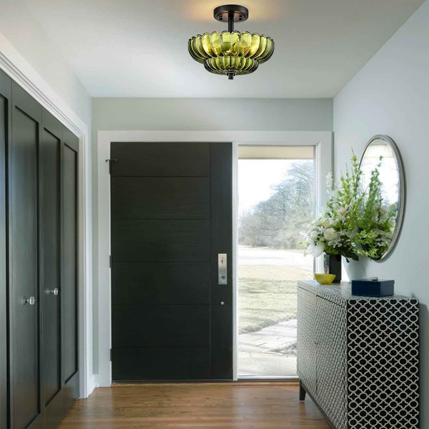 Semi Flush Mount Ceiling Light Fixture  Green Glass 3-Light Modern Vintage Ceiling Lights  Scalloped Close To Ceiling Light  Black Base Flush Mount Ceiling Light For Hallway Bedroom Entryway Kitchen