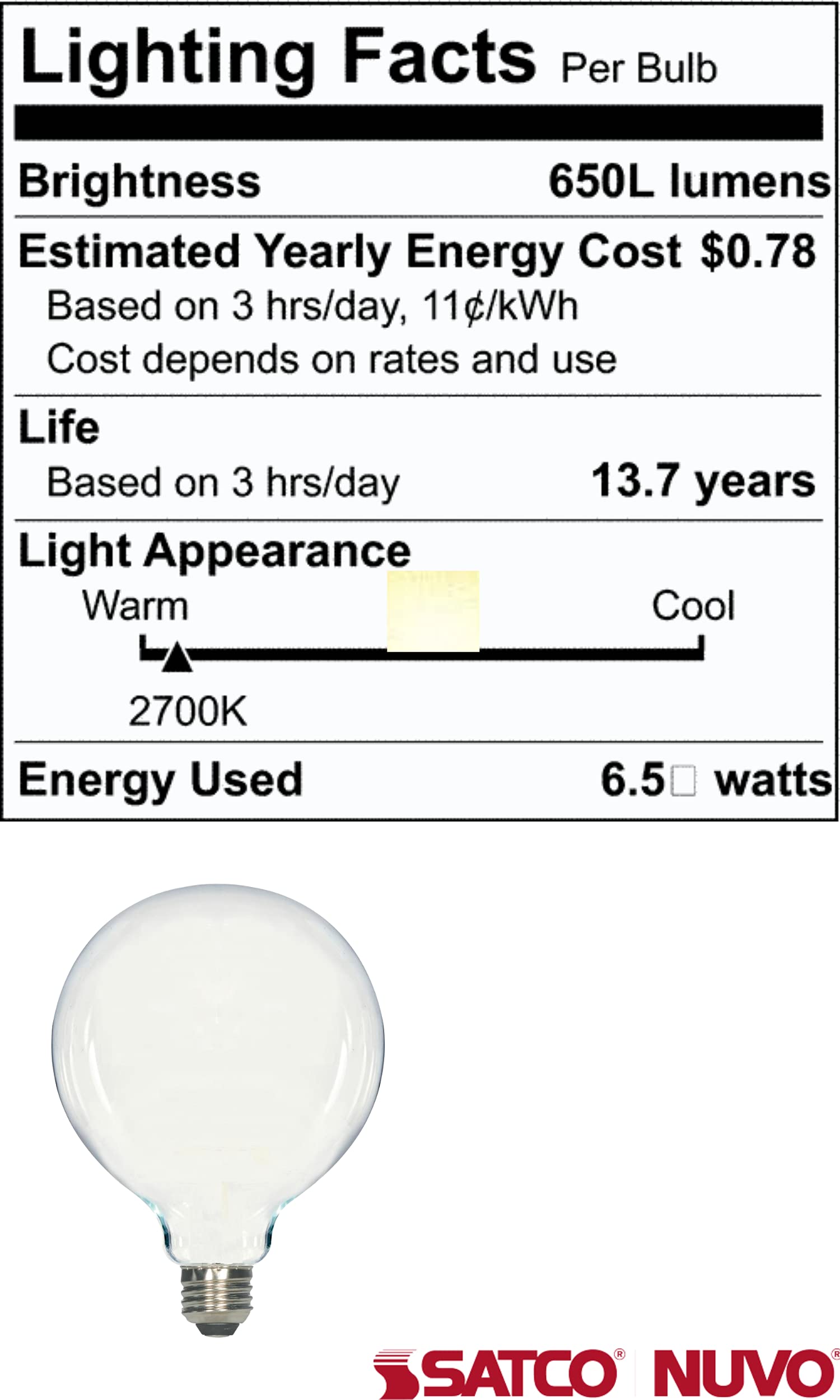 Satco S12112 6.5 Inch 6.5W G40 Led Medium Base Replacement Lamp, Color Temperature: 2700, Finish Color: Frosted
