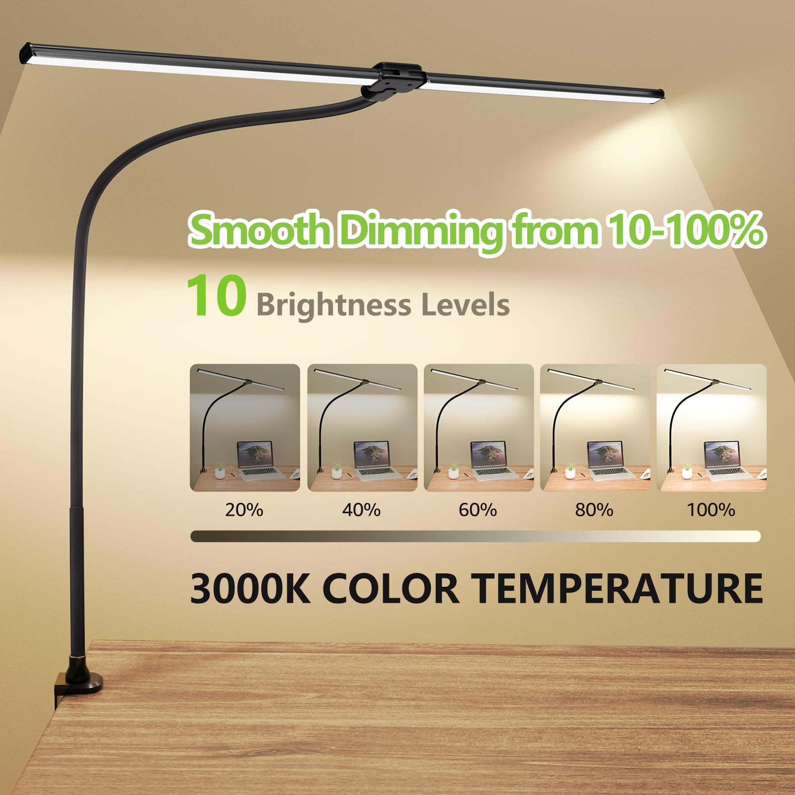 Shinetech Led Desk Lamp For Home Office, 3000K Warm White Double Head Architect Task Lamps With Clamp, Dimmable Adjustable Flexi