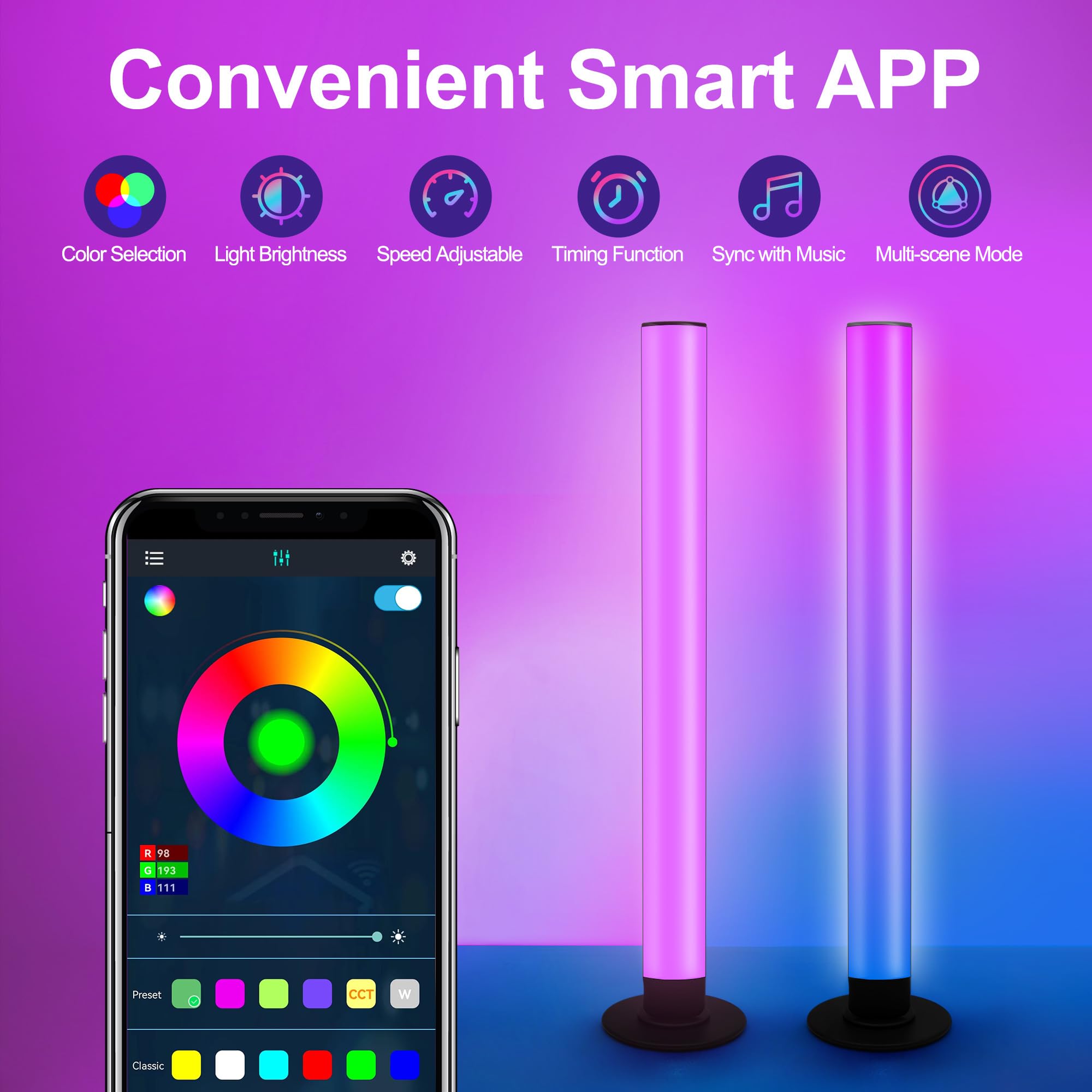 Elouycke Rgb Light Bar, Music Synced Rgb Led Light Bar, 8 Scene Modes And 16 Million Colors Led Gaming Lights, Smart Light Bar With 3 Control Modes, Led Light Bar For Room, Pc, Tv Backlight - 2Pcs