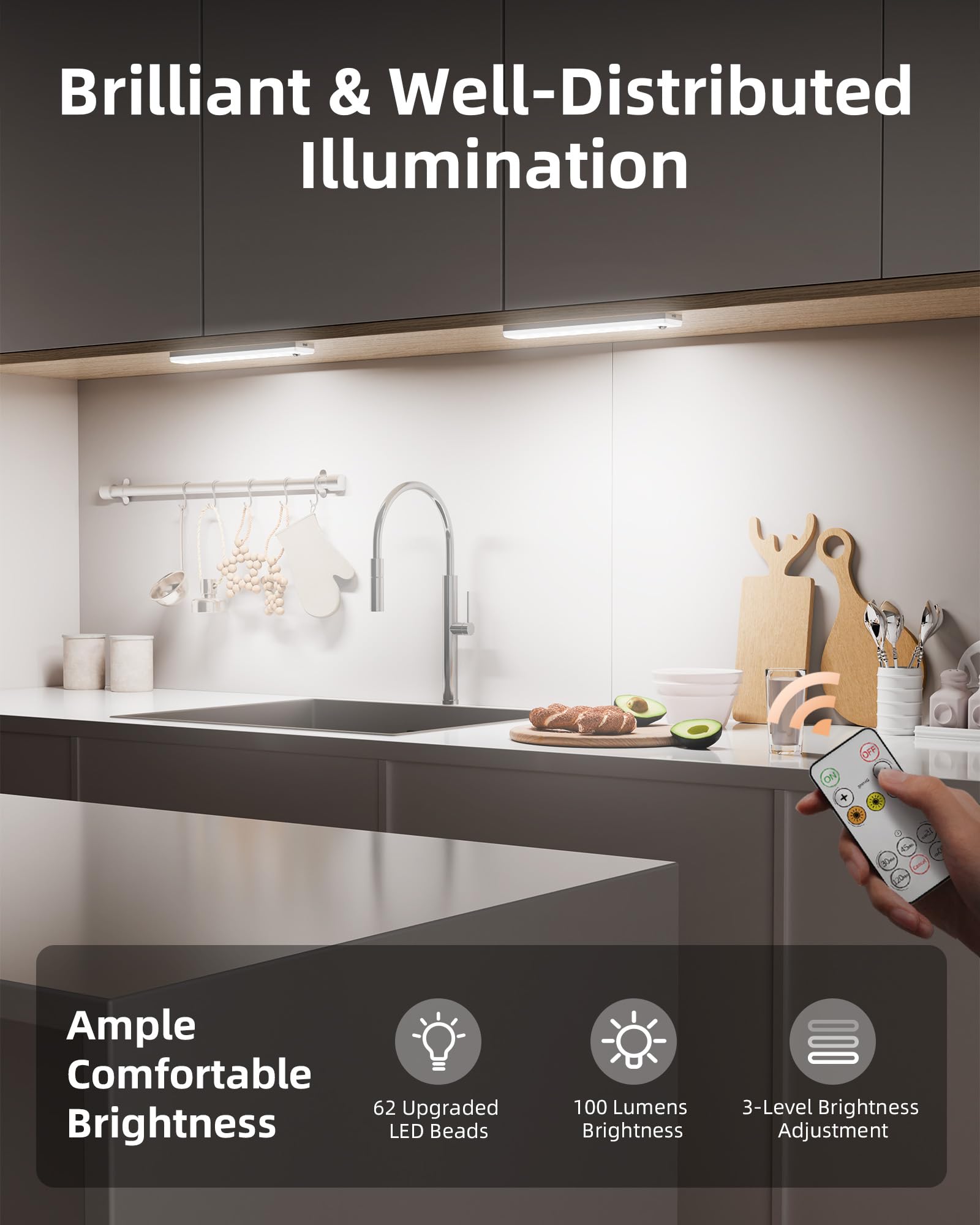 Ezvalo 62 Led Under Cabinet Lights, Rechargeable Motion Sensor, Dimmable, 3 Color Temps, 6Pack