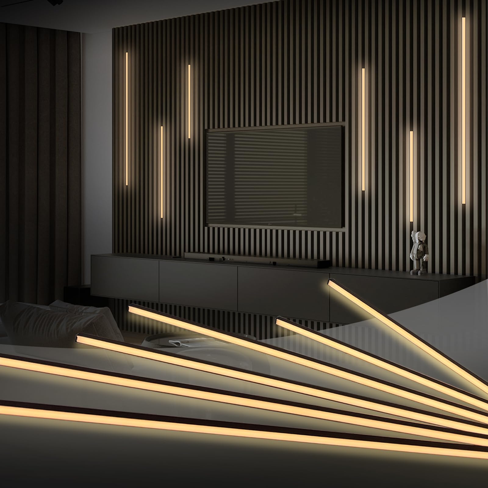 Hamrvl Black Led Recessed Lighting Kit - 6 Pcs Dc12V White Led Light With Smart Switch Adapter 3000K Self-Adhesive Wall Panel Lights For Wood Slat Wall Panels Headboards Stairs Under Cabinet Lighting