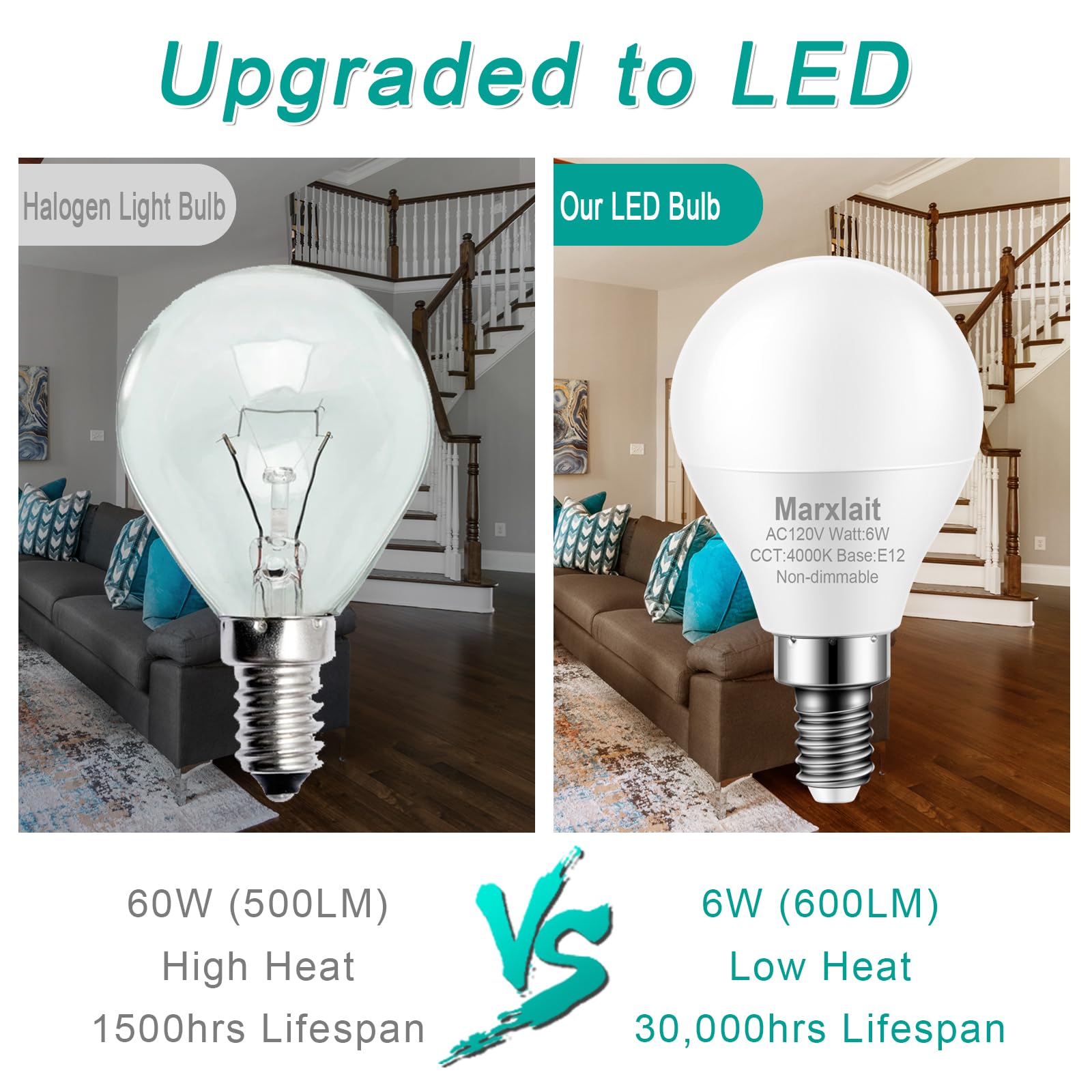 12 Pack E12 Ceiling Fan Light Bulbs, 60W Equivalent, Natural Daylight 4000K, Small Base Led Candelabra Light Bulb, Bright A15 Le