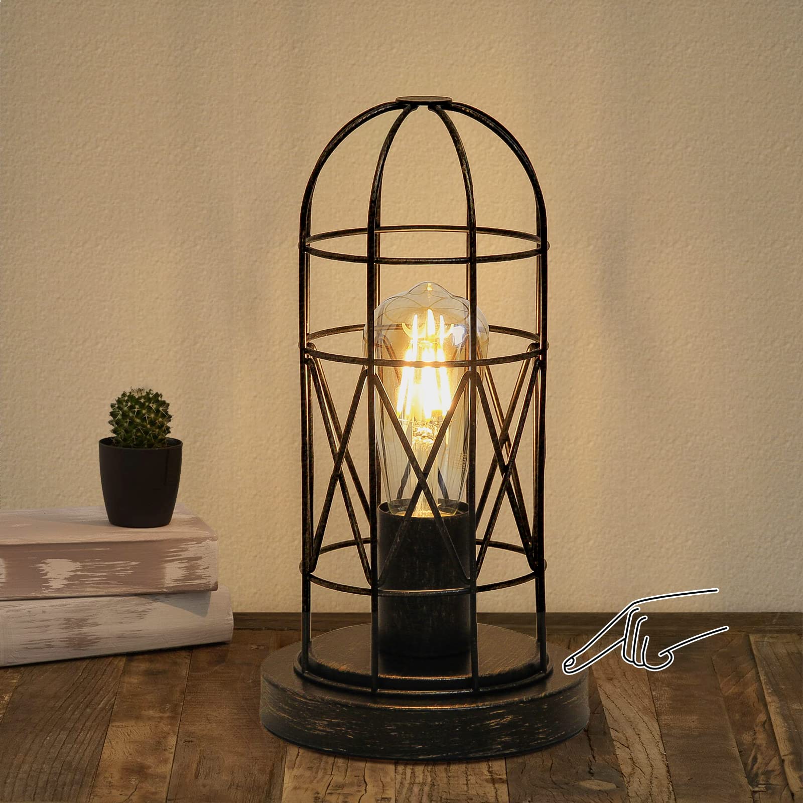 Industrial Table Lamp, Small Touch Lamp With Rustic Cage Vintage Bedside Lamp 3 Way Dimmable Nightstand Lamp Edison Desk Lamp For Bedroom, Living Room, Hallway, Entryway, Kitchen, Led Bulb Included