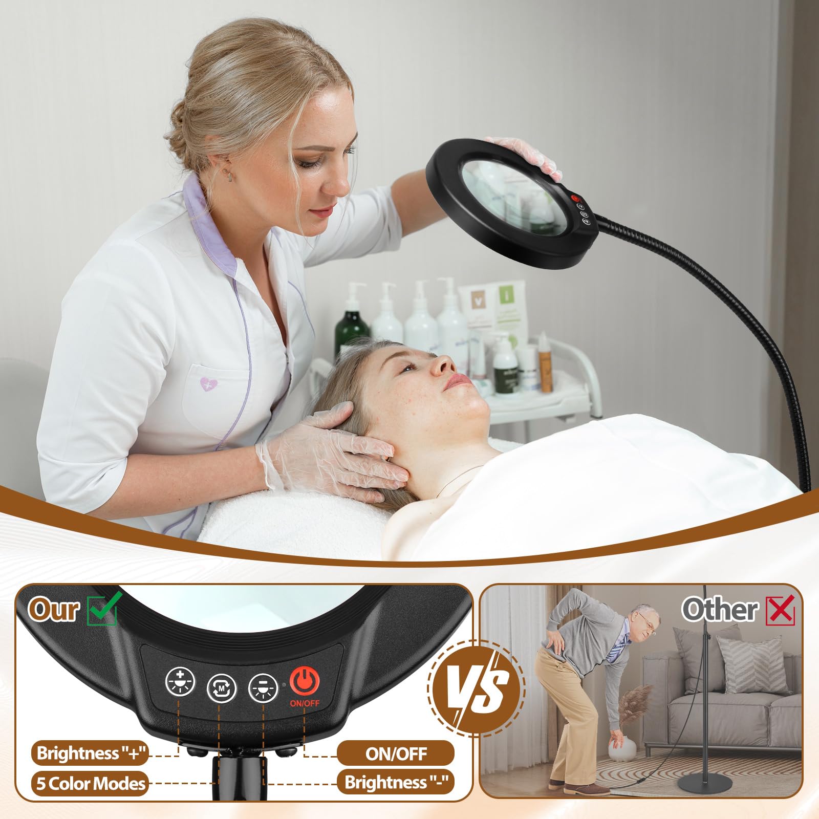 Krstlv 10X Magnifying Glass with Light and Stand - 24 Flexible Gooseneck LED Magnifier for Close Work, Hobby, and Reading, Black