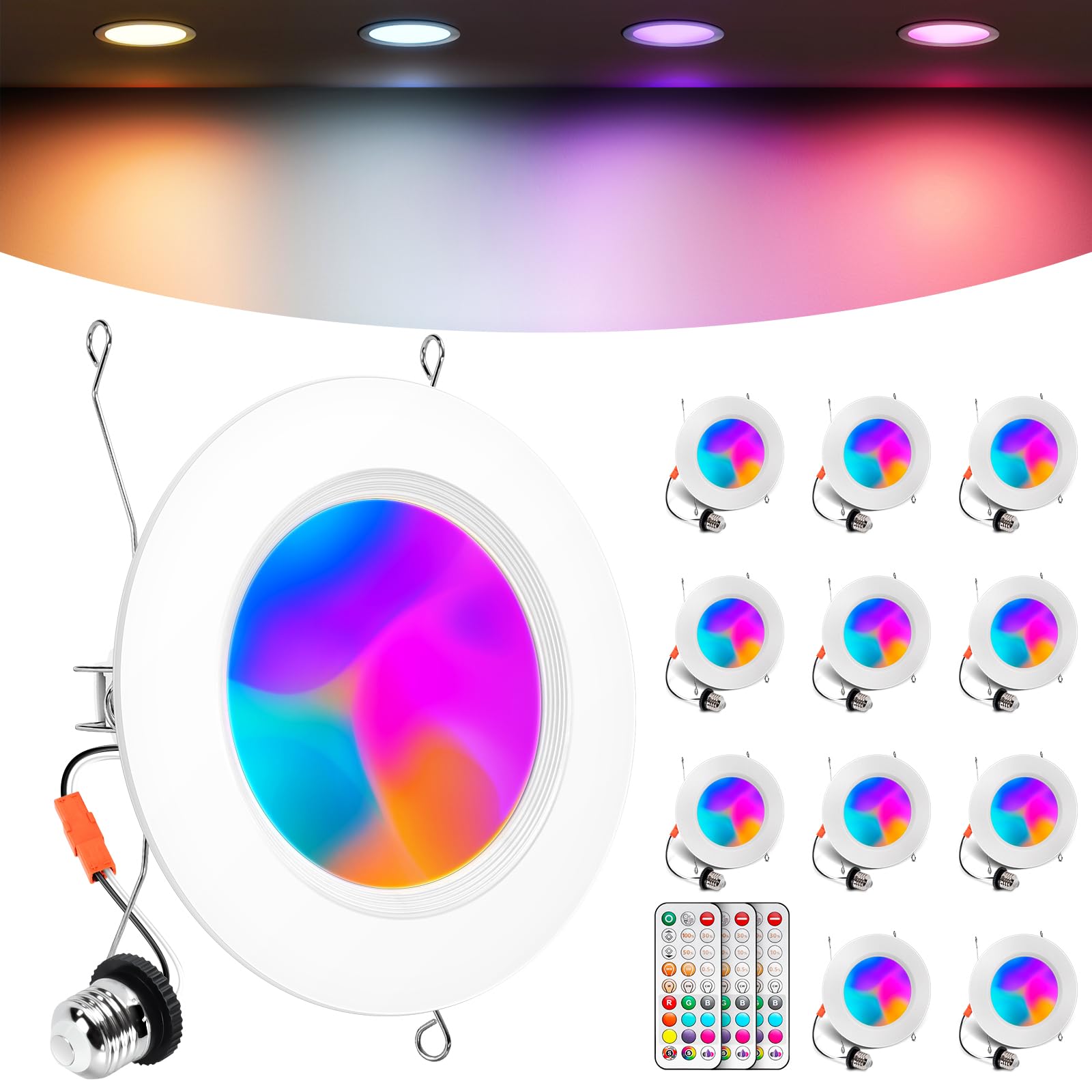 VARICART 6 Inch Recessed Lighting Can Lights, RGB + 2700k to 6000k, Dimmable, 1300LM, ETL, 12 Pack,