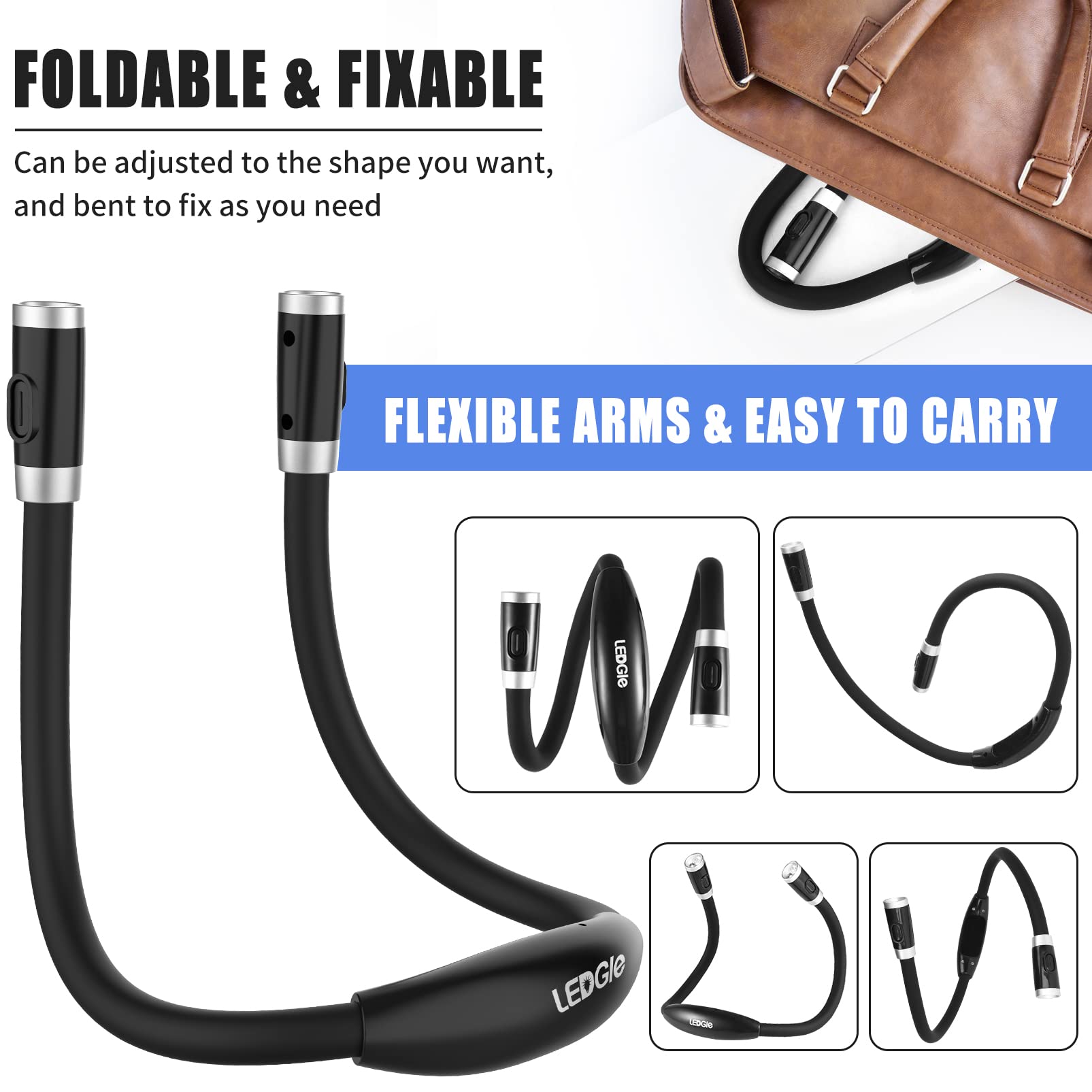 LEDGLE Neck Rechargeable Knitting Light - 3 Brightness Levels, Flexible Silicone Arms, Hands-Free Braiding Light, Black