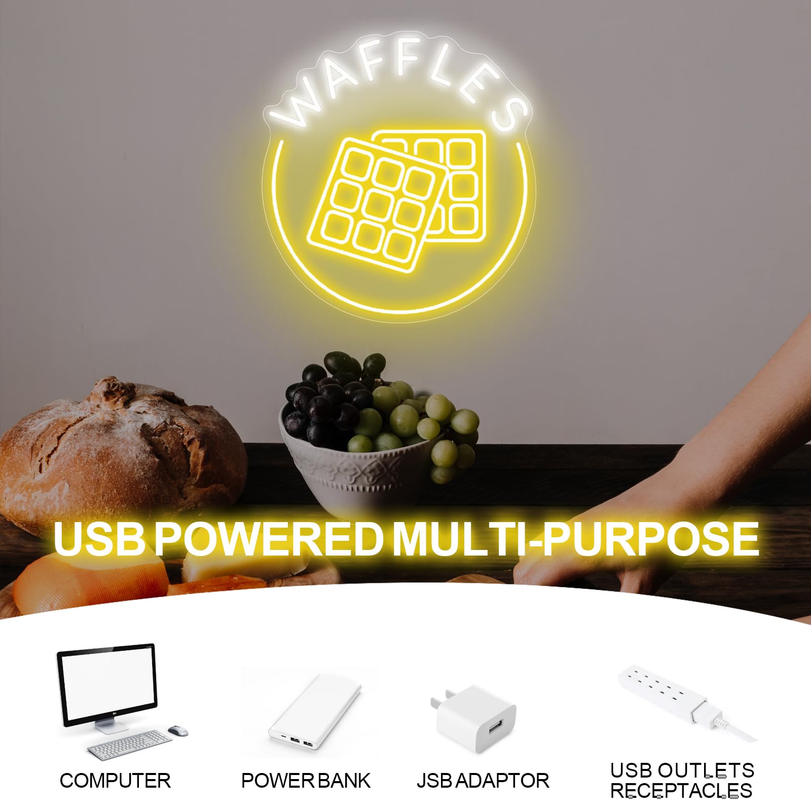 mllusxg Waffles Neon Sign LED Light for Bakery Shop, Small Wall Art Decoration, Unique Coffee Shop Decor