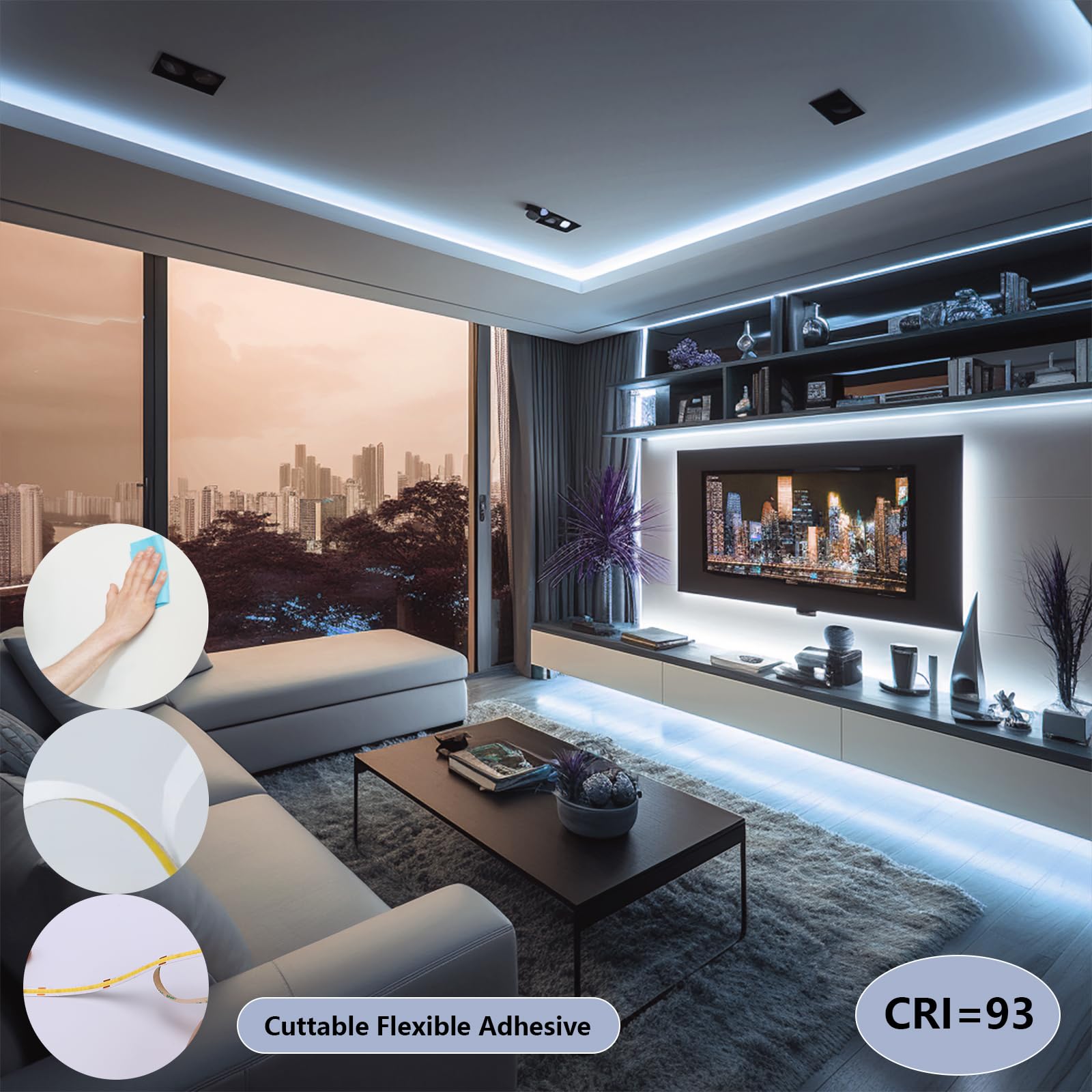 Benlun 24V Cob Led Strip Light 65.6Ft (2 Rolls Of 32.8Ft) Kit, 6000K Cool White Cuttable 11W/M 312Leds/M Cri 93 Led Tape Lights With Power Supply For Bedroom Kitchen Living Room Ceiling