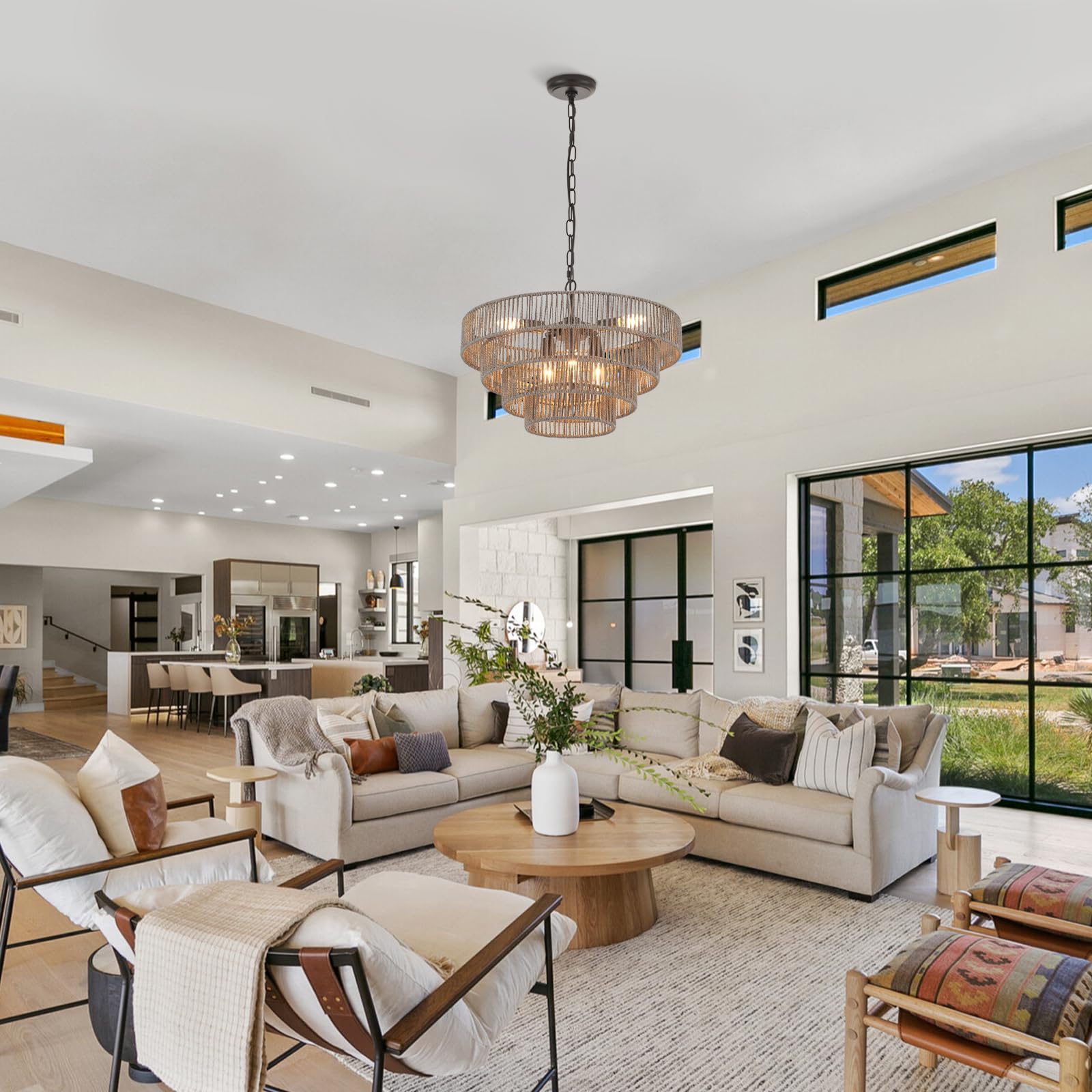 Elyccupa 20” Hand-Woven Rattan Chandelier 6-Lights Transitional Minimalist 4 Round Boho Large Coastal Pendant Light For Kitchen Island Dining Room Living Room Hallway, Gray, Ul Listed