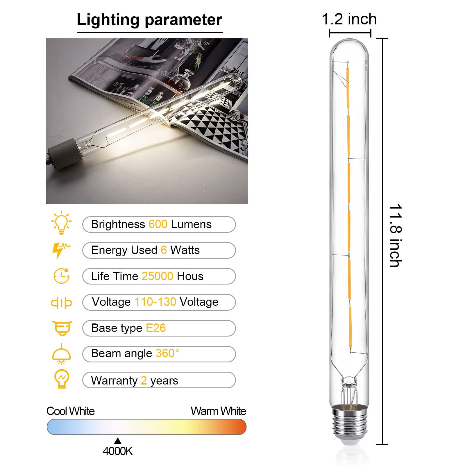 Tianshq Dimmable Antique T30 Tubular Bulb Warm White Edison Led Long Tube Bulb E26 Style Vintage Led Filament Light Bulb Pack Of