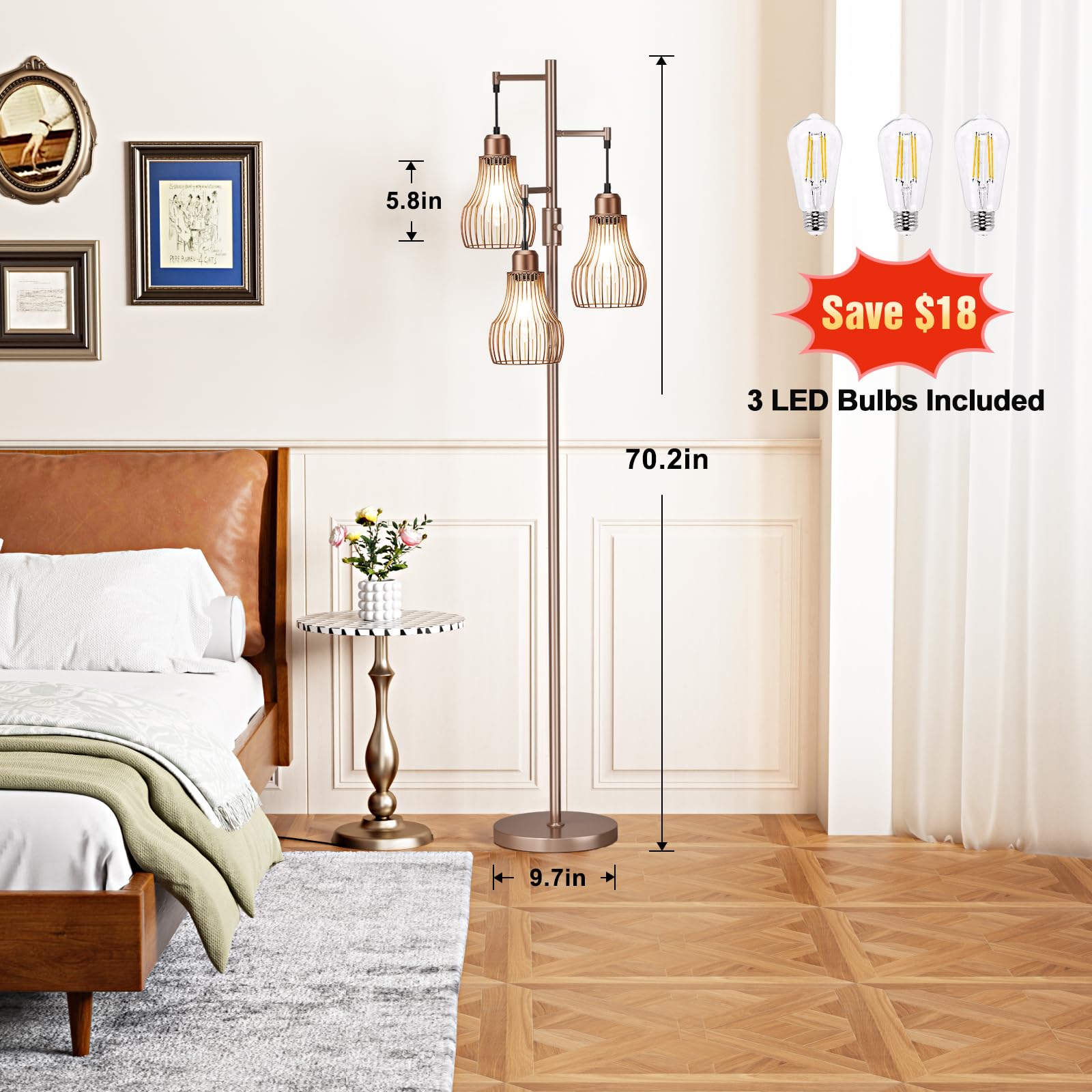 Ziisee Dimmable Floor Lamps For Living Room, Industrial Tree Standing Tall Lamps With 3 Elegant Cage Shade & 800 Lumens Led Bulb